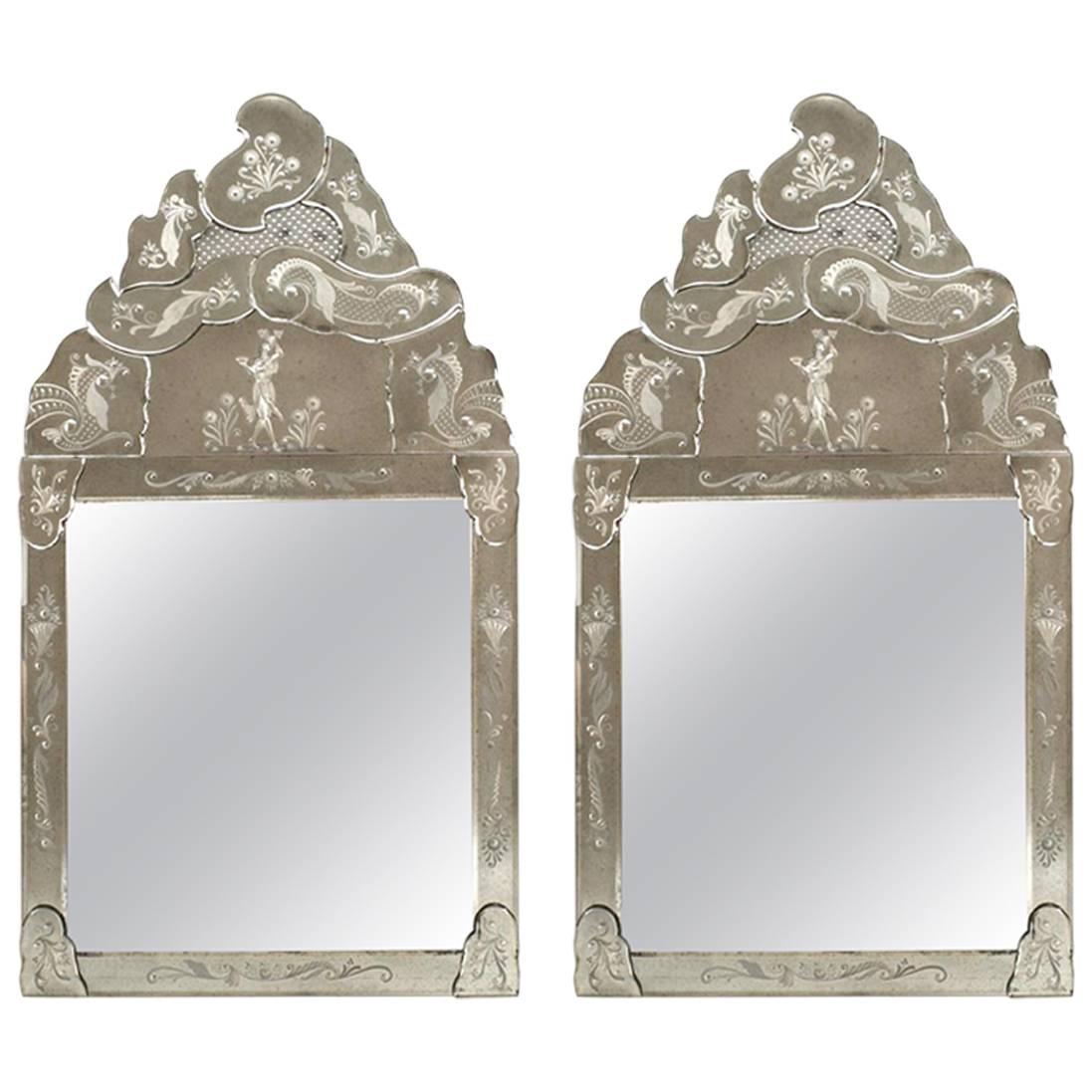 Pair of Italian Venetian Murano Etched Glass Shaped Pediment Wall Mirrors For Sale