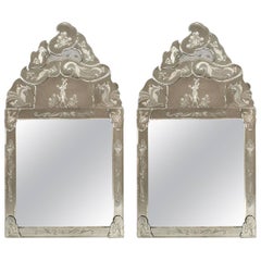 Pair of Italian Venetian Murano Etched Glass Shaped Pediment Wall Mirrors