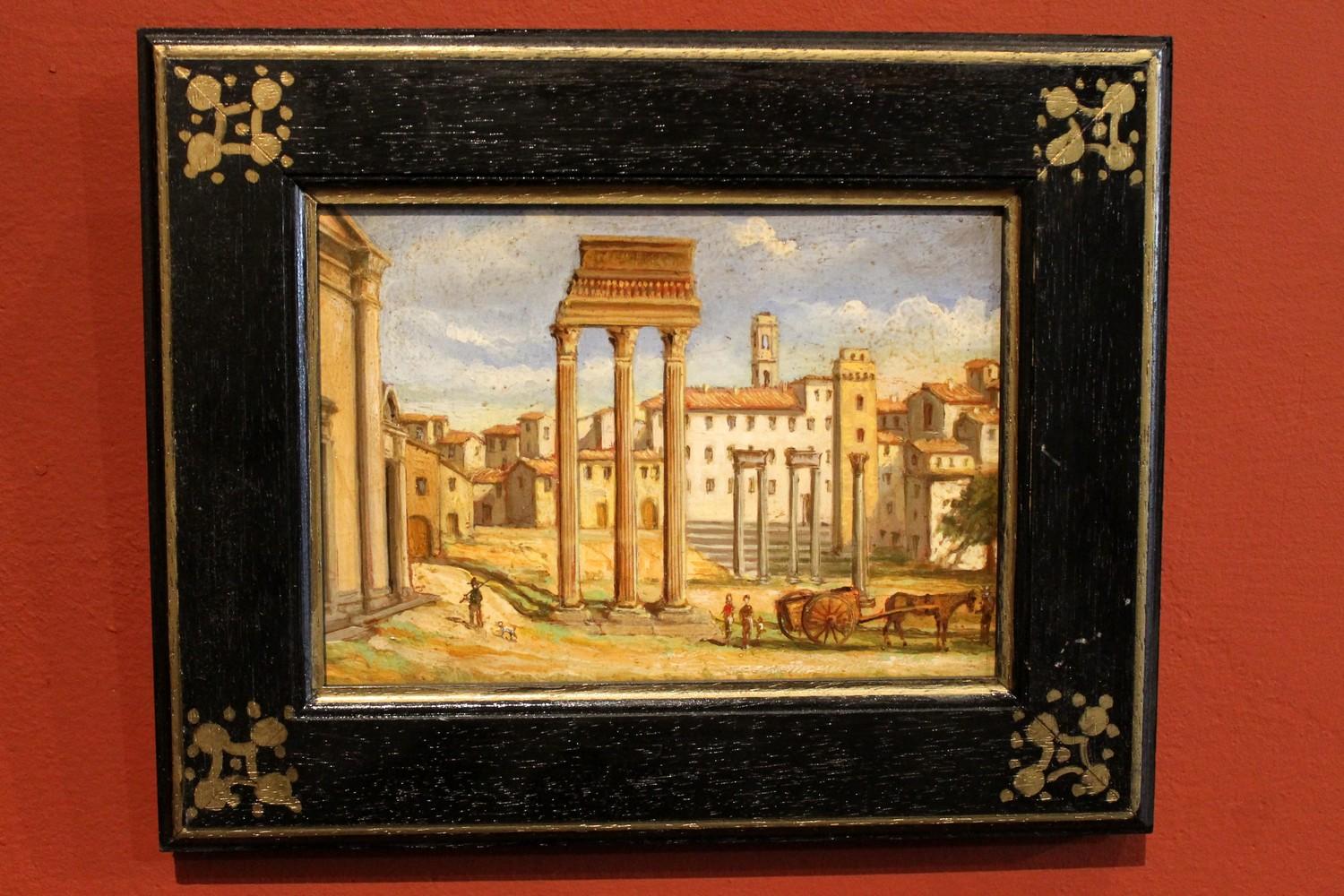 Wood Italian Late 19th Century Oil on Board Classical Roman Ruins Landscape Painting