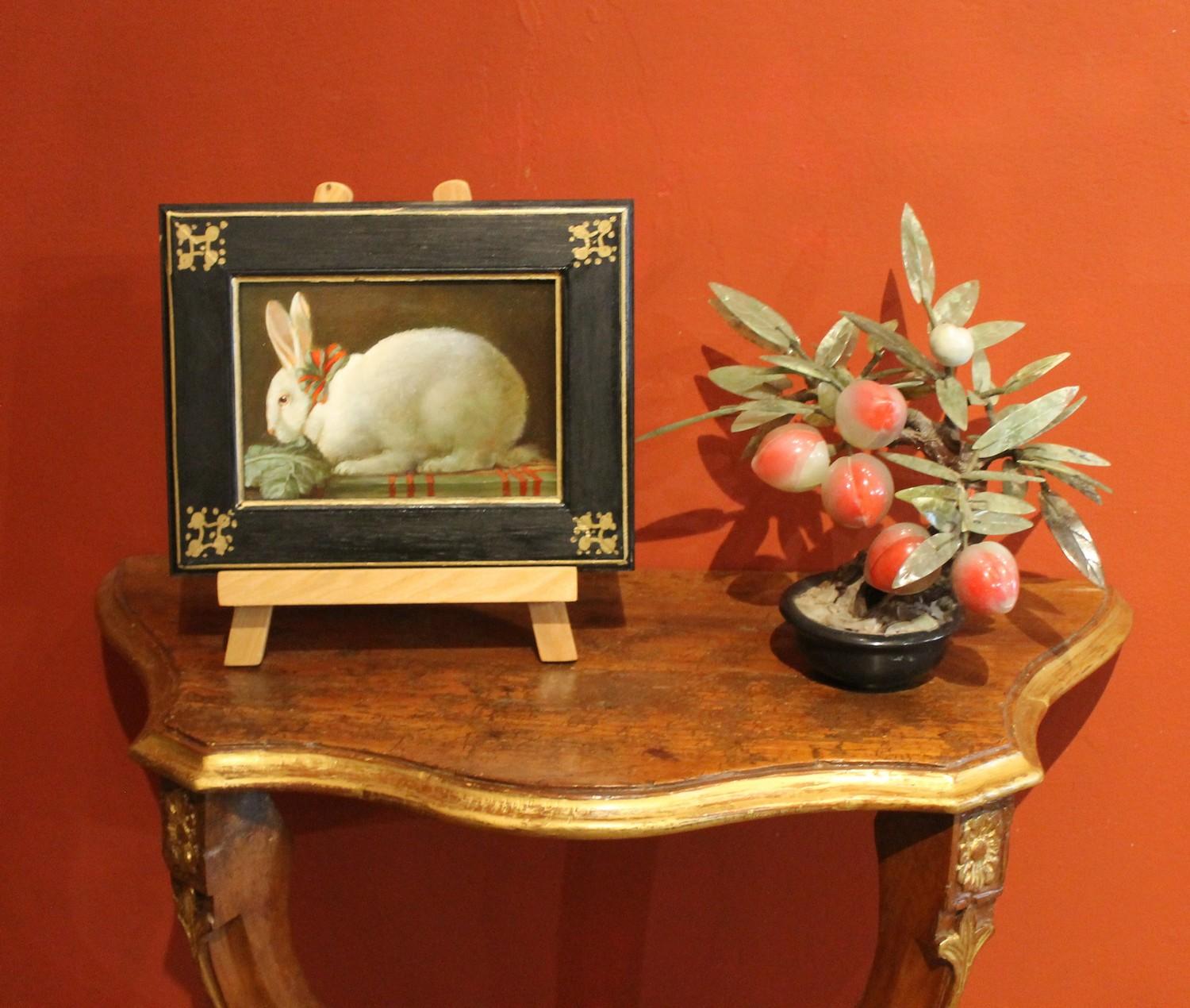 Italian Late 19th Century Oil on Board Still Life Painting with a Bunny In Good Condition In Firenze, IT