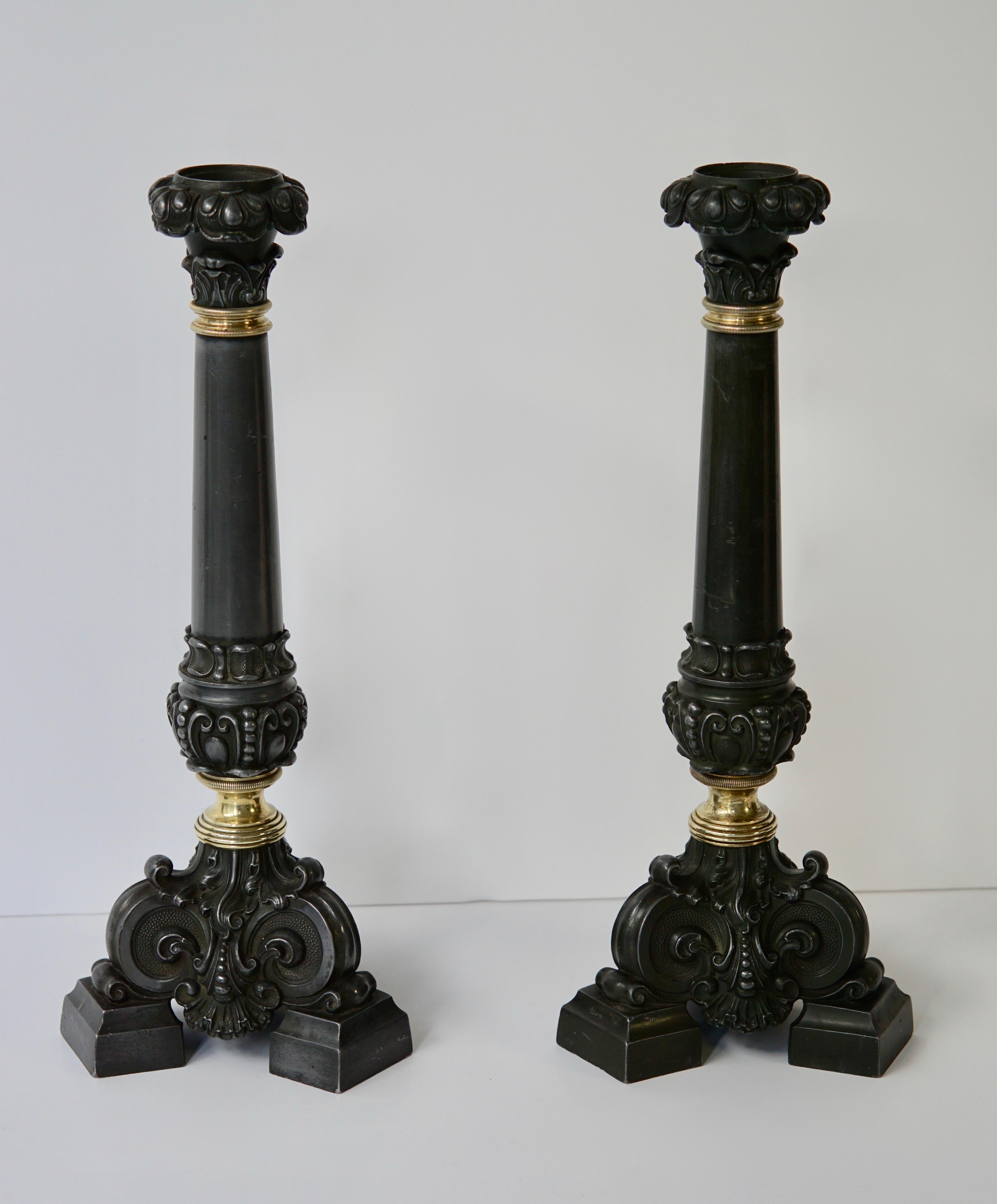 Italian Late 19th Century Pair of Antique Brass Candleholders For Sale 5