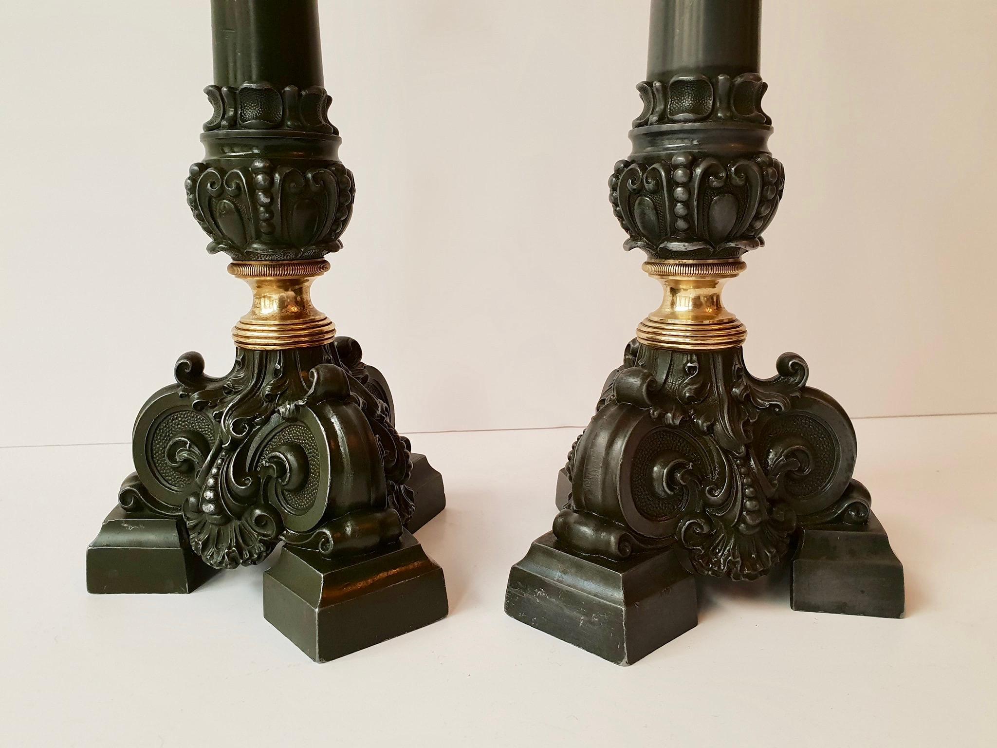 Italian Late 19th Century Pair of Antique Brass Candleholders For Sale 7