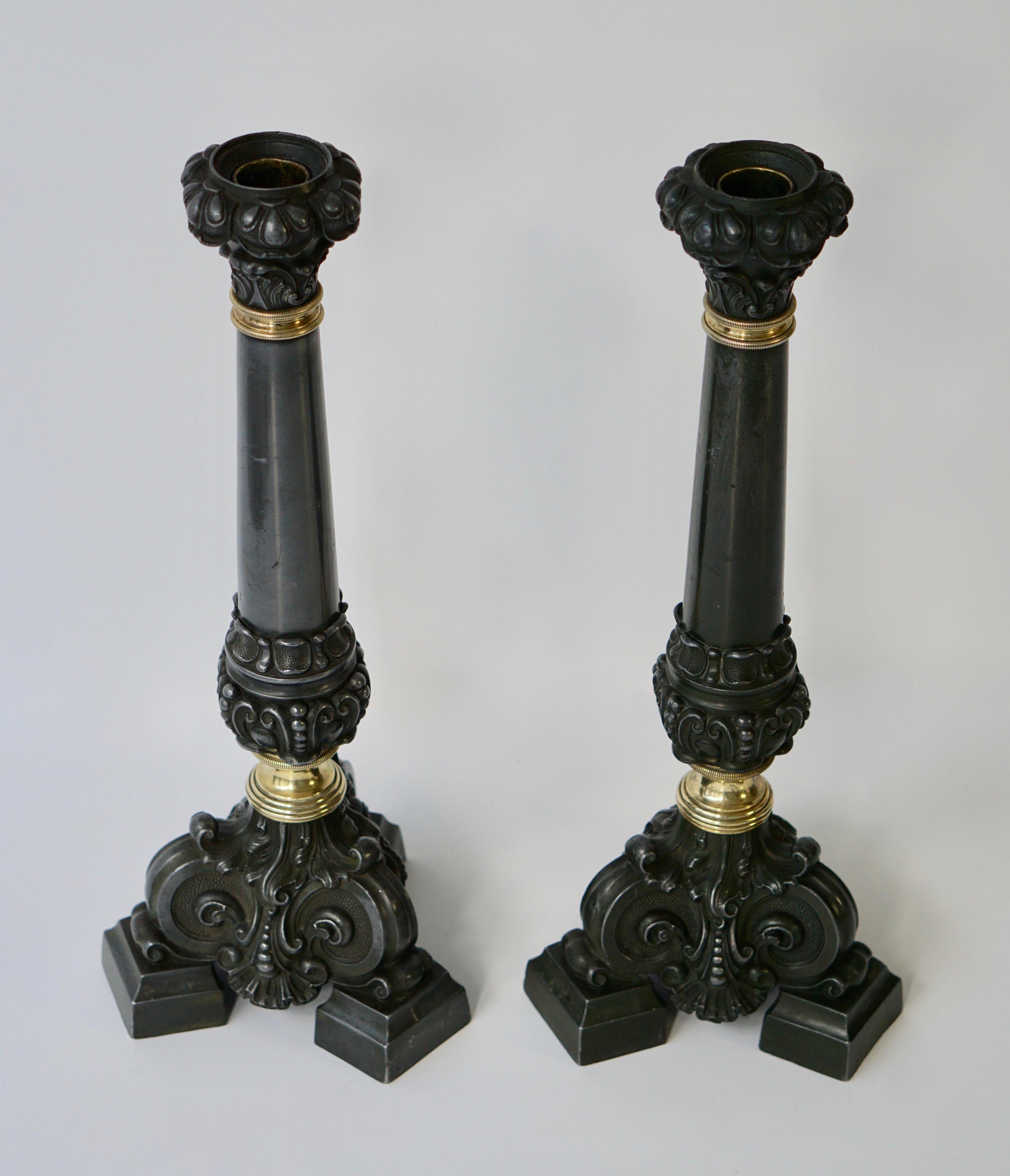 Hollywood Regency Italian Late 19th Century Pair of Antique Brass Candleholders For Sale