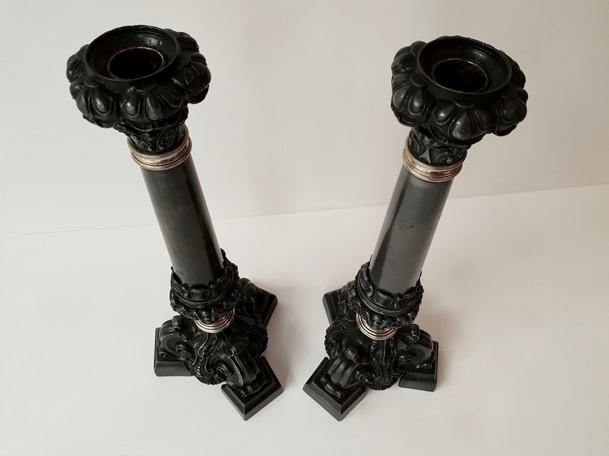 Victorian Italian Late 19th Century Pair of Antique Brass Candleholders For Sale