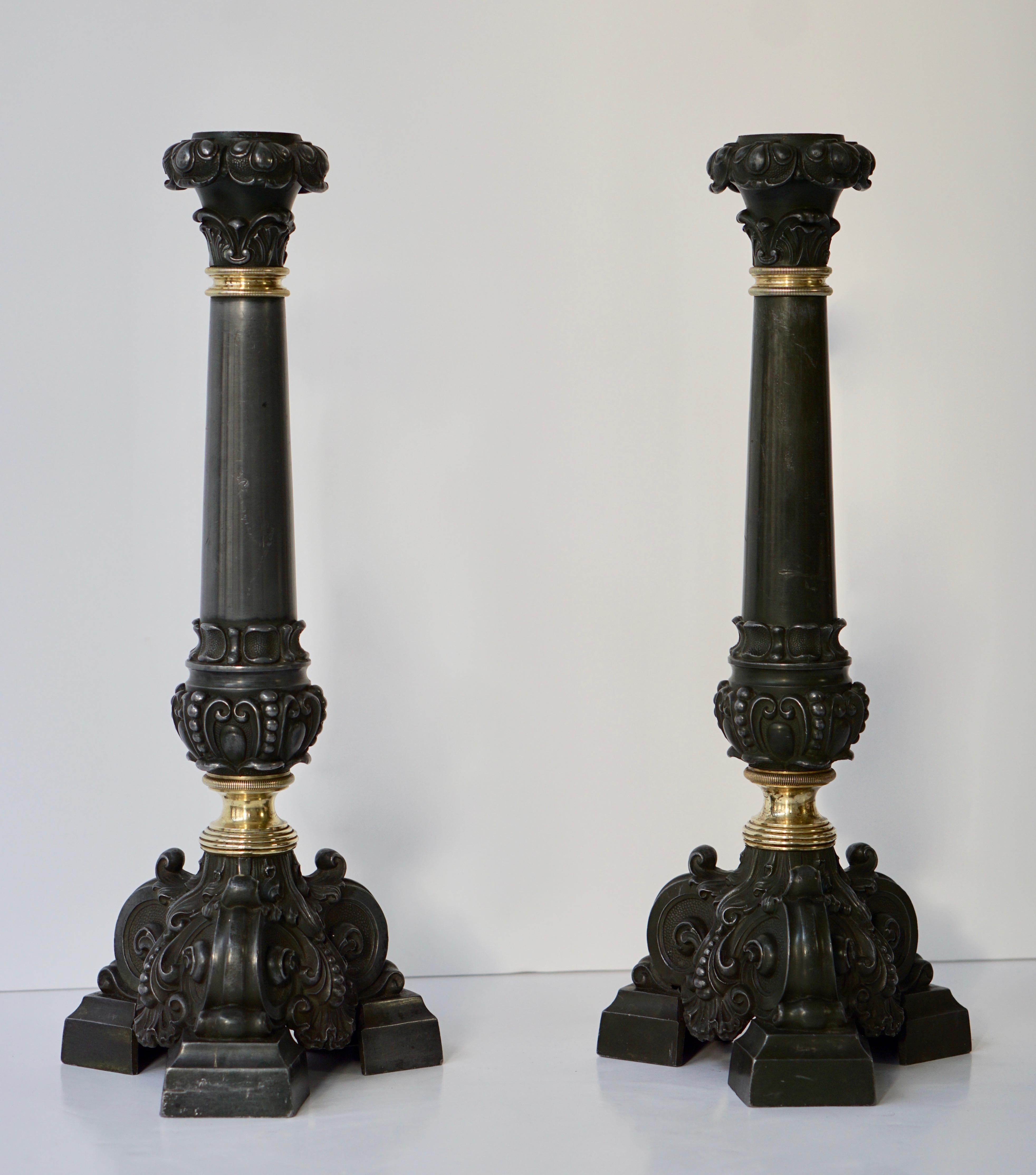 Metal Italian Late 19th Century Pair of Antique Brass Candleholders For Sale