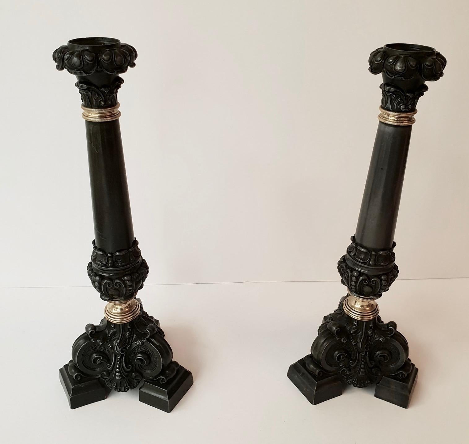 Metal Italian Late 19th Century Pair of Antique Brass Candleholders For Sale