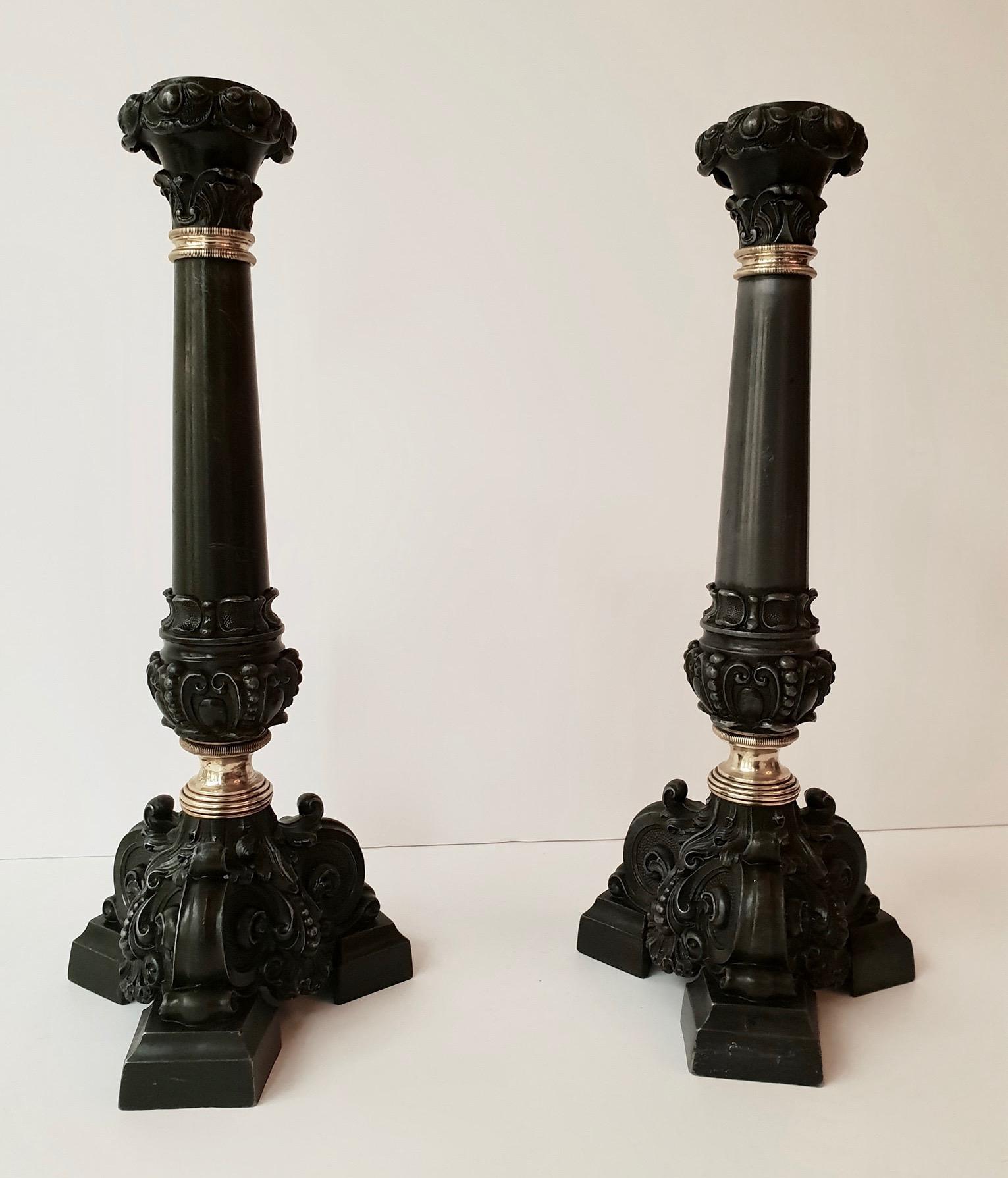 Italian Late 19th Century Pair of Antique Brass Candleholders For Sale 2