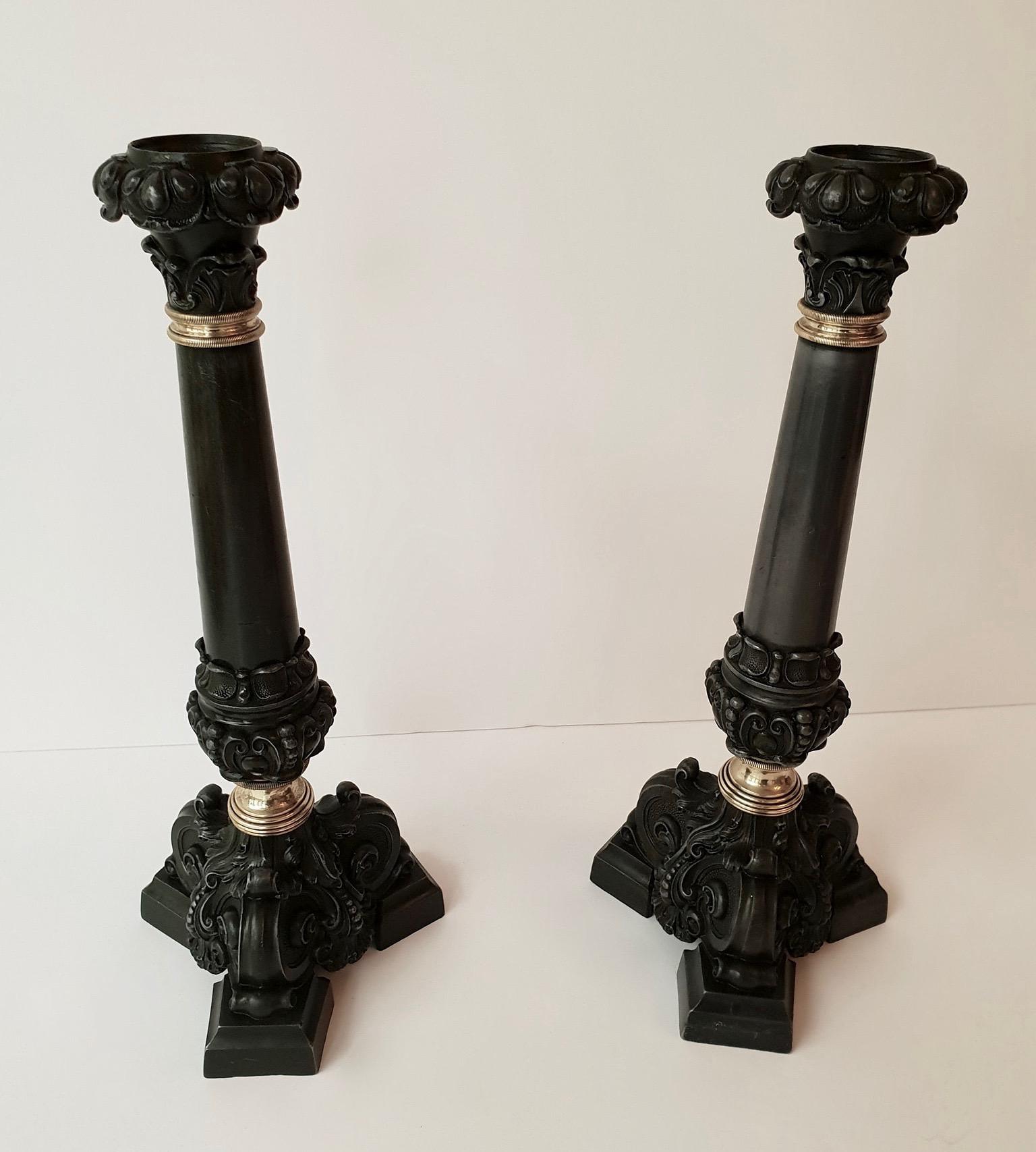 Italian Late 19th Century Pair of Antique Brass Candleholders For Sale 3