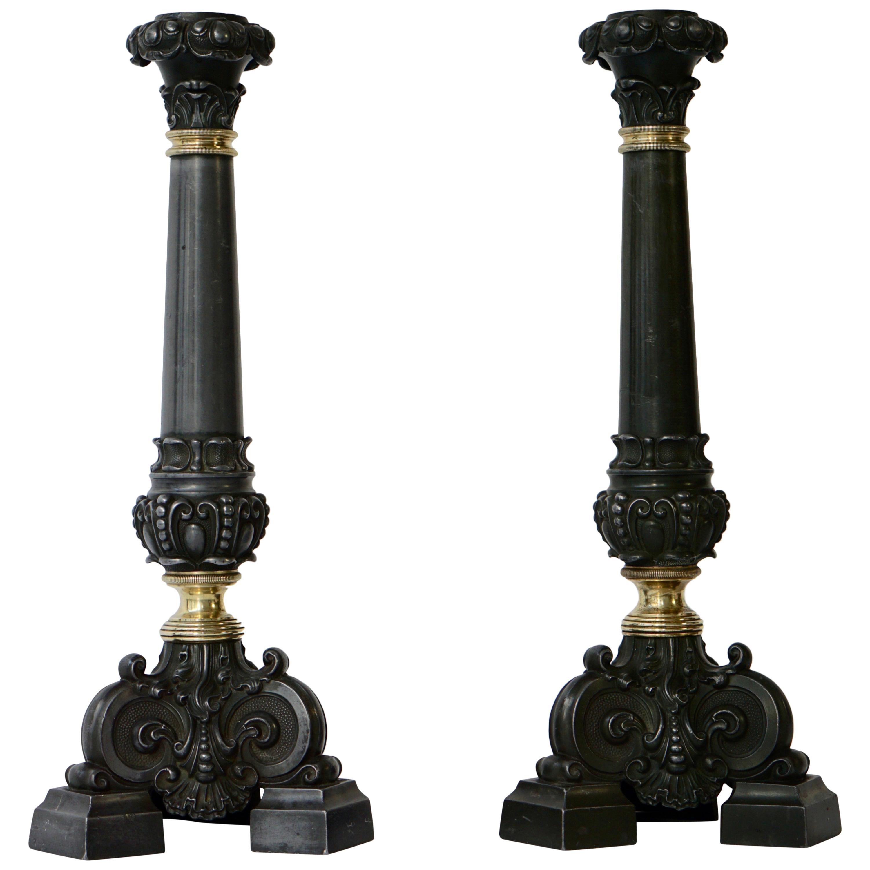 Italian Late 19th Century Pair of Antique Brass Candleholders