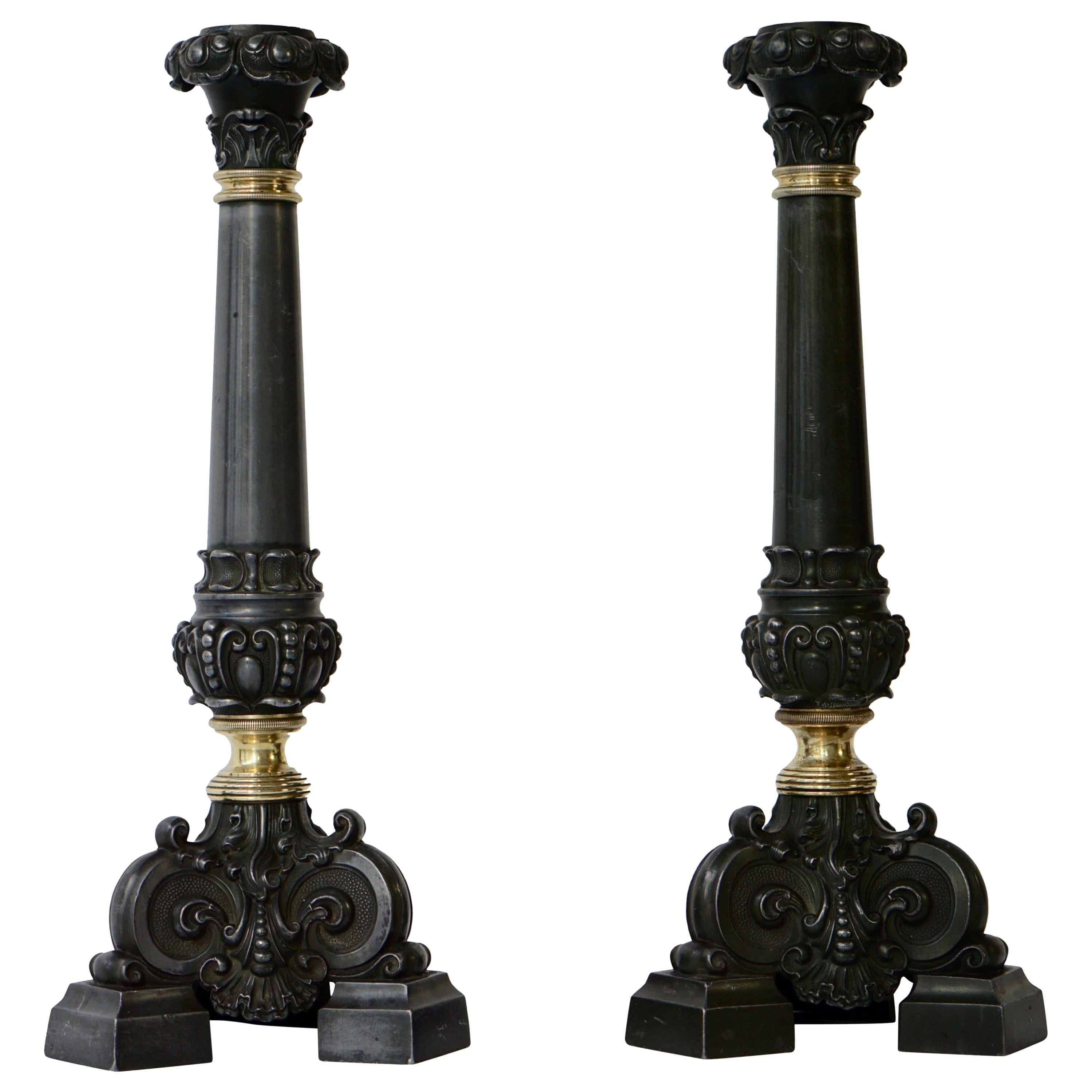 Italian Late 19th Century Pair of Antique Brass Candleholders For Sale