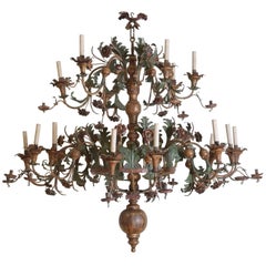 Italian Late Baroque Giltwood & Polychrome Painted Iron 18-Arm Chandelier, 18thc