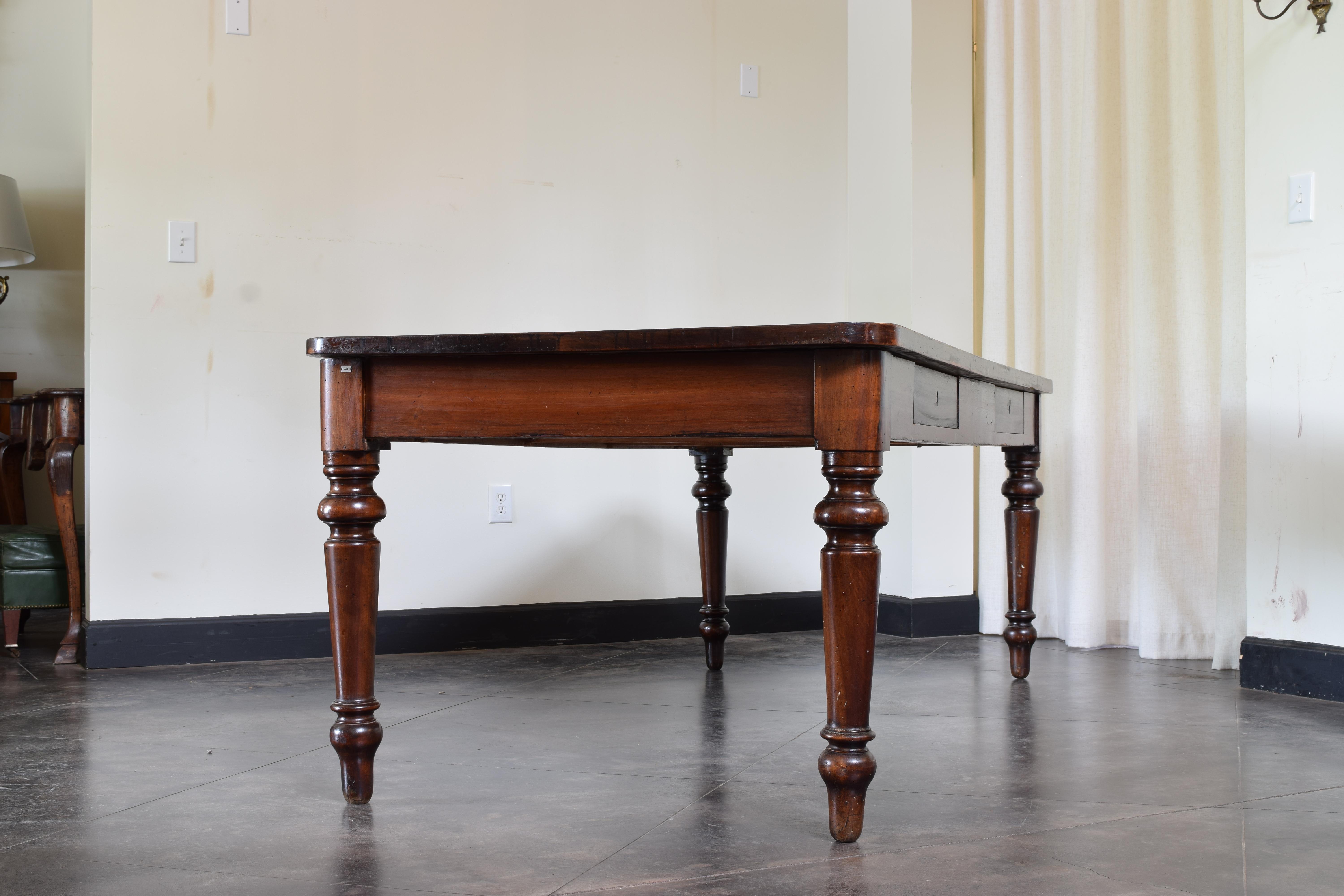 Italian Late Neoclassic Walnut 2-Drawer Library Table / Kitchen Island, ca. 1840 In Good Condition For Sale In Atlanta, GA