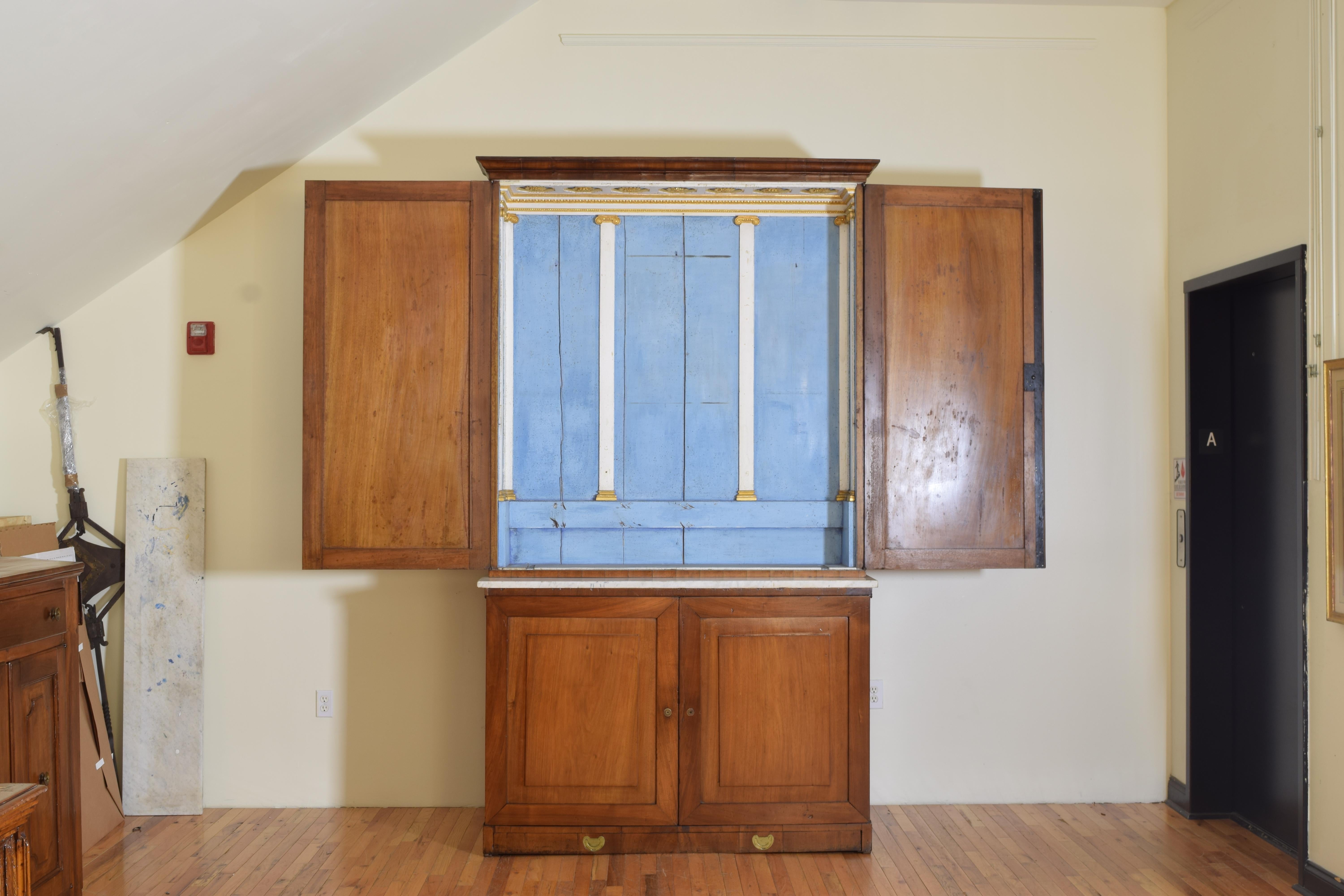 Italian Late Neoclassic Walnut & Marble 2-Piece Altar Cabinet, Mid 19th Century For Sale 1