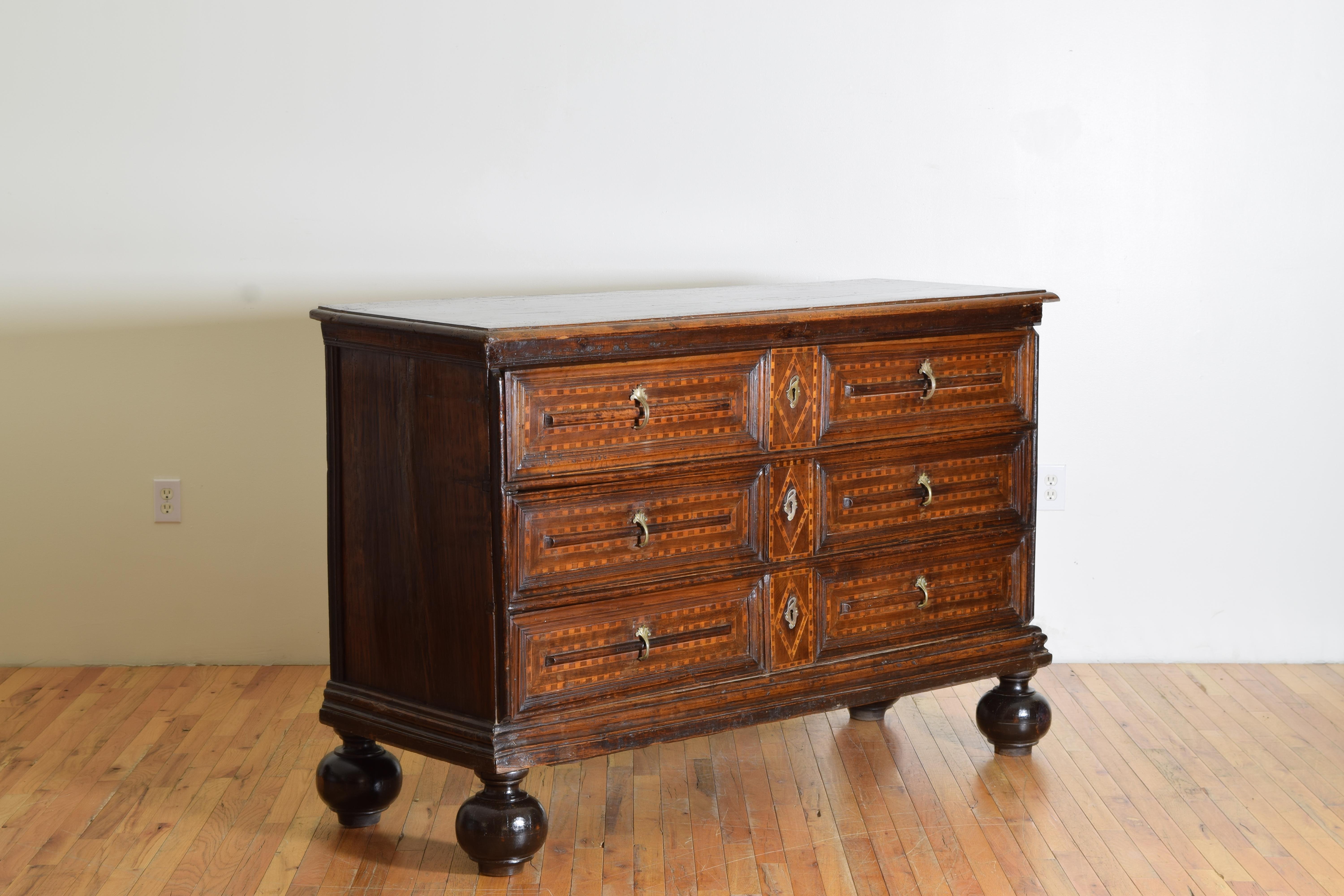18th Century and Earlier Italian Late Renaissance or Mannerist Walnut & Inlaid 3-Drawer Commode, 17th cen
