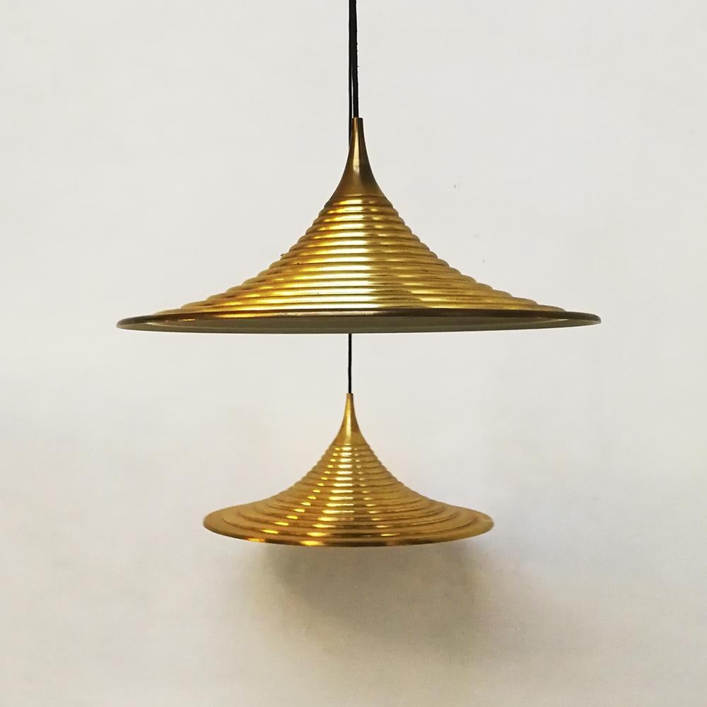 Space Age Italian Lathed Metal Brass Finishing Hanging Lamps, 1970s