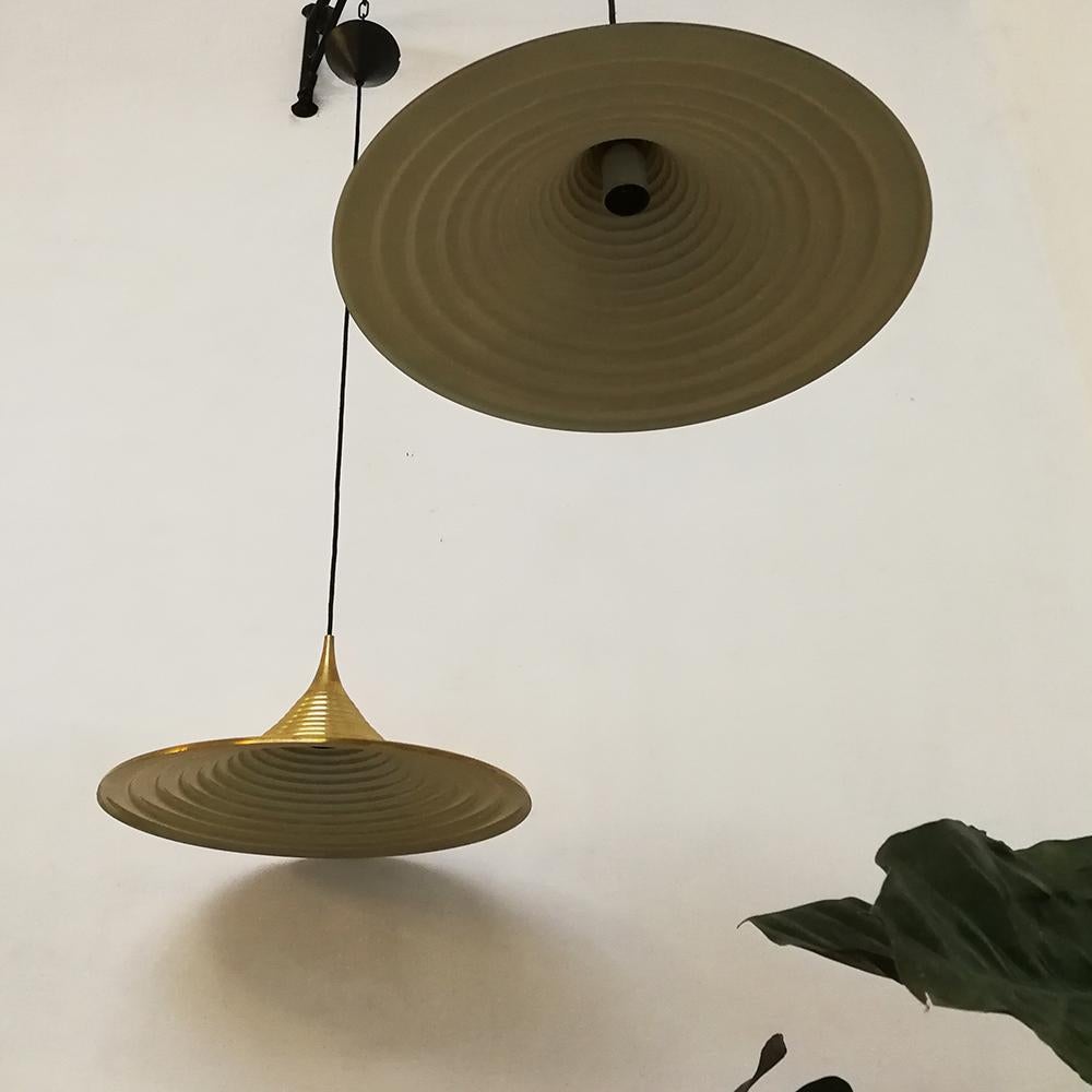Late 20th Century Italian Lathed Metal Brass Finishing Hanging Lamps, 1970s