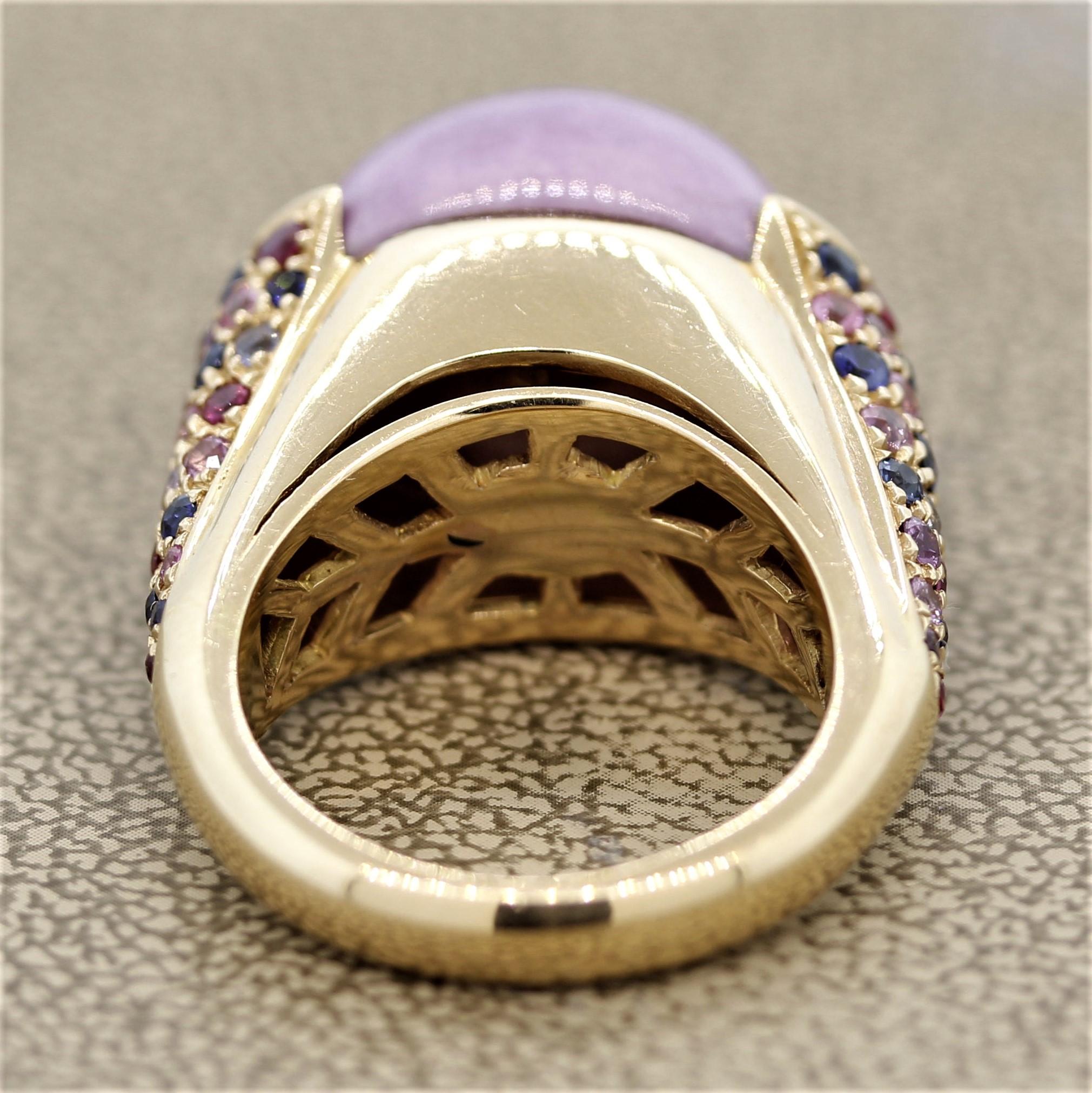 Italian Lavender Jadeite Jade Ruby Sapphire Gold Dome Ring In New Condition In Beverly Hills, CA