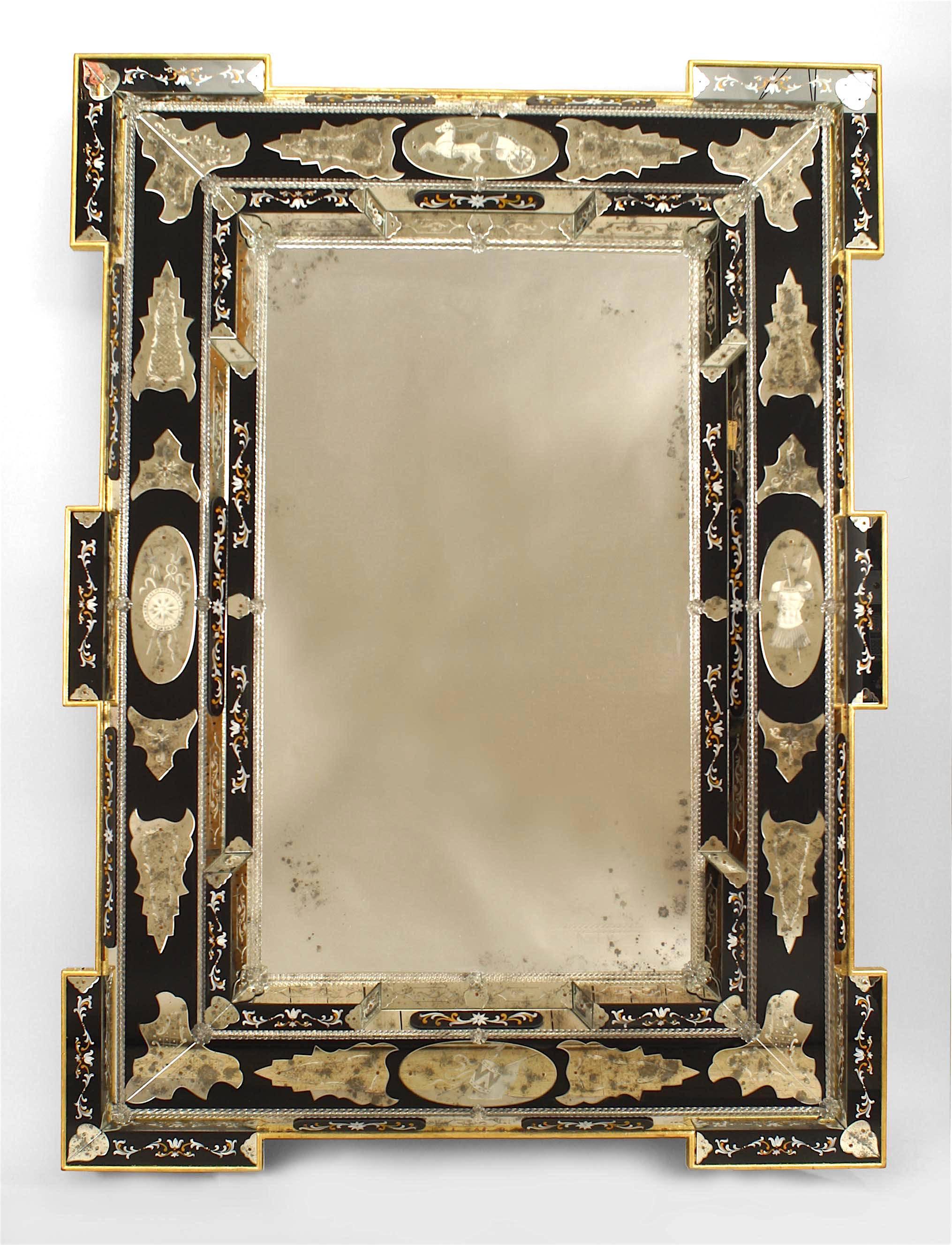 Two rectangular mirrors composed of tiers of dark blue glass decorated with applied mirrored panels, including four ovals etched with neoclassical designs, and further accented with painted scroll trim and gilt-wood trimmed edges. (PRICED