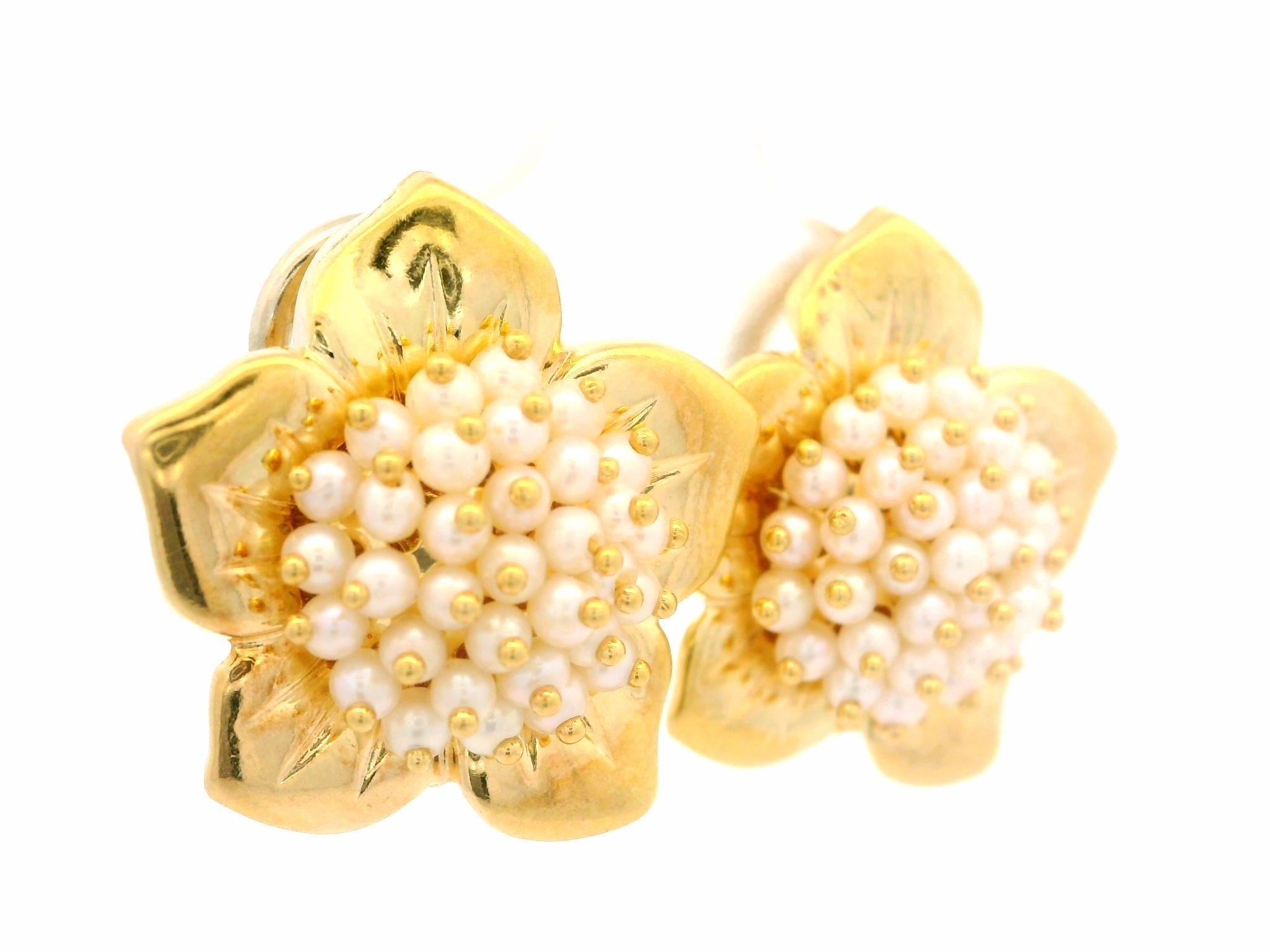 Italian Le Gi 18k Yellow Gold Pearl Cluster Flower Omega Earrings For Sale 6