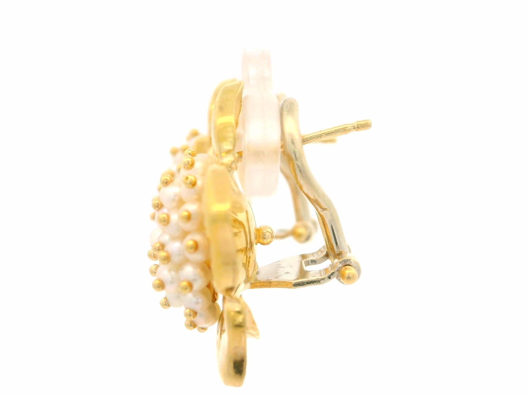 Italian Le Gi 18k Yellow Gold Pearl Cluster Flower Omega Earrings For Sale 3