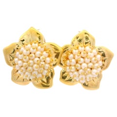 Italian Le Gi 18k Yellow Gold Pearl Cluster Flower Omega Earrings