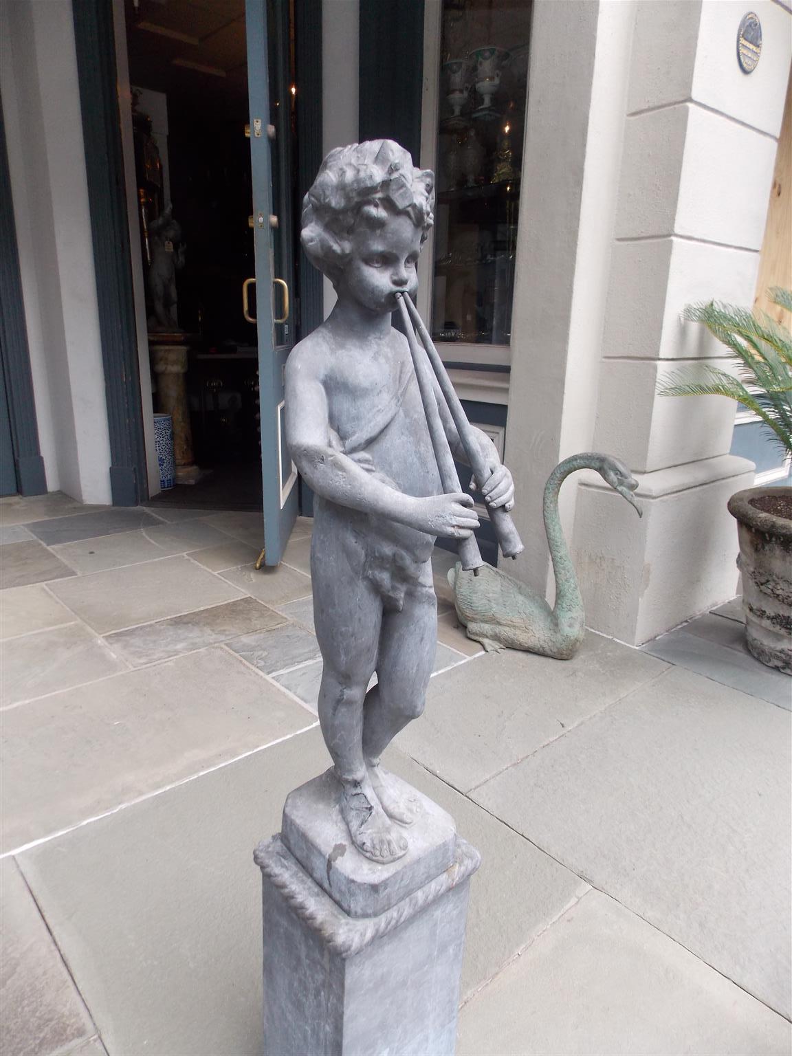 Neoclassical Italian Lead Figural Pan Standing Fountain Playing Flutes on Plinth, Circa 1850