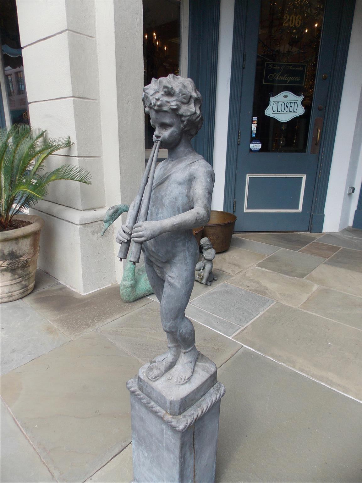 Italian Lead Figural Pan Standing Fountain Playing Flutes on Plinth, Circa 1850 In Excellent Condition In Hollywood, SC