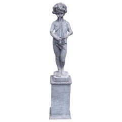 Italian Lead Figural Pan Standing Fountain Playing Flutes on Plinth, Circa 1850