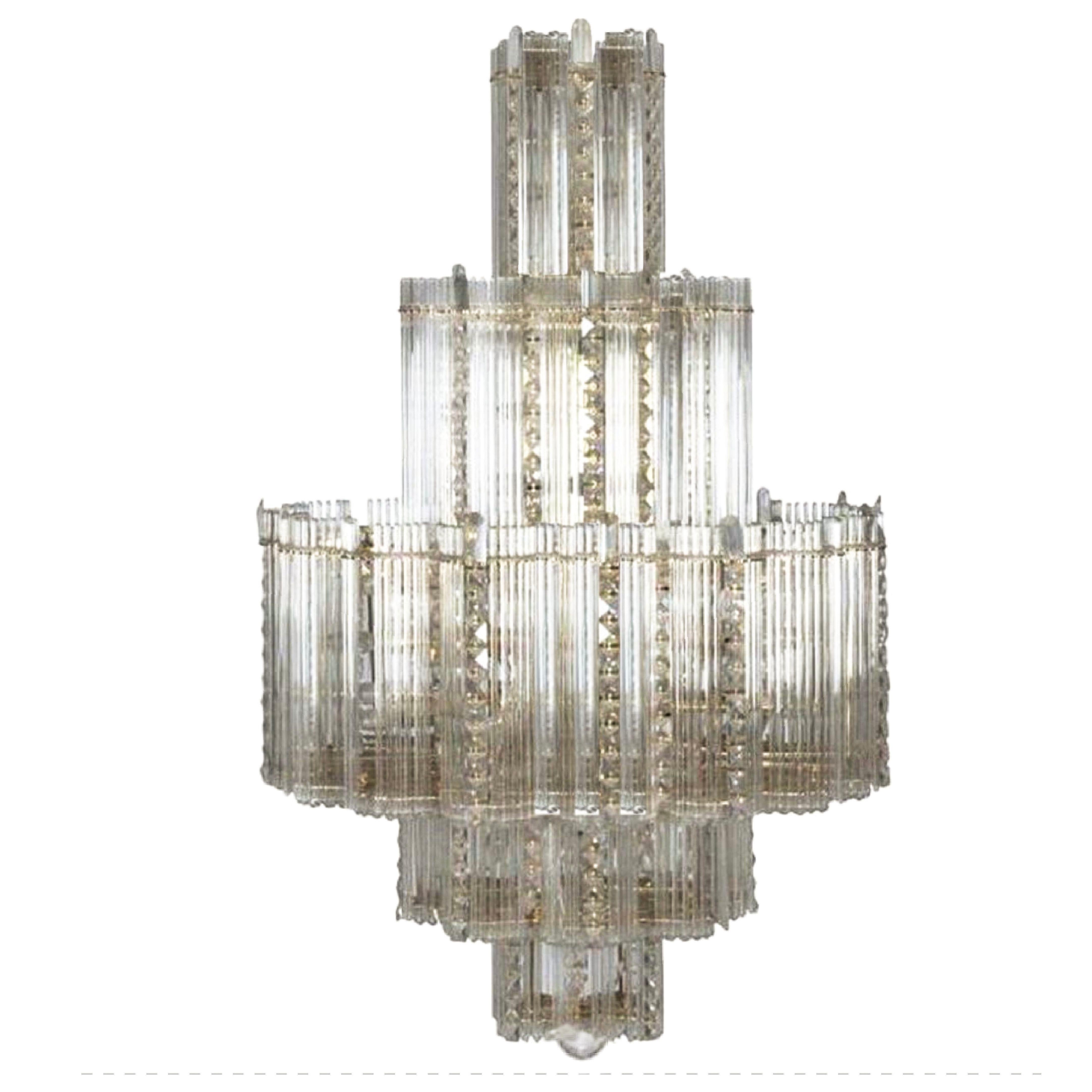 20th Century Italian Leaded Glass & Brass Monumental Mid-Century Chandelier, Gaetano Sciolari For Sale