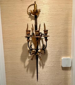 Italian Leaf and Wheat Black Gilt Saber Candle Wall Sconce