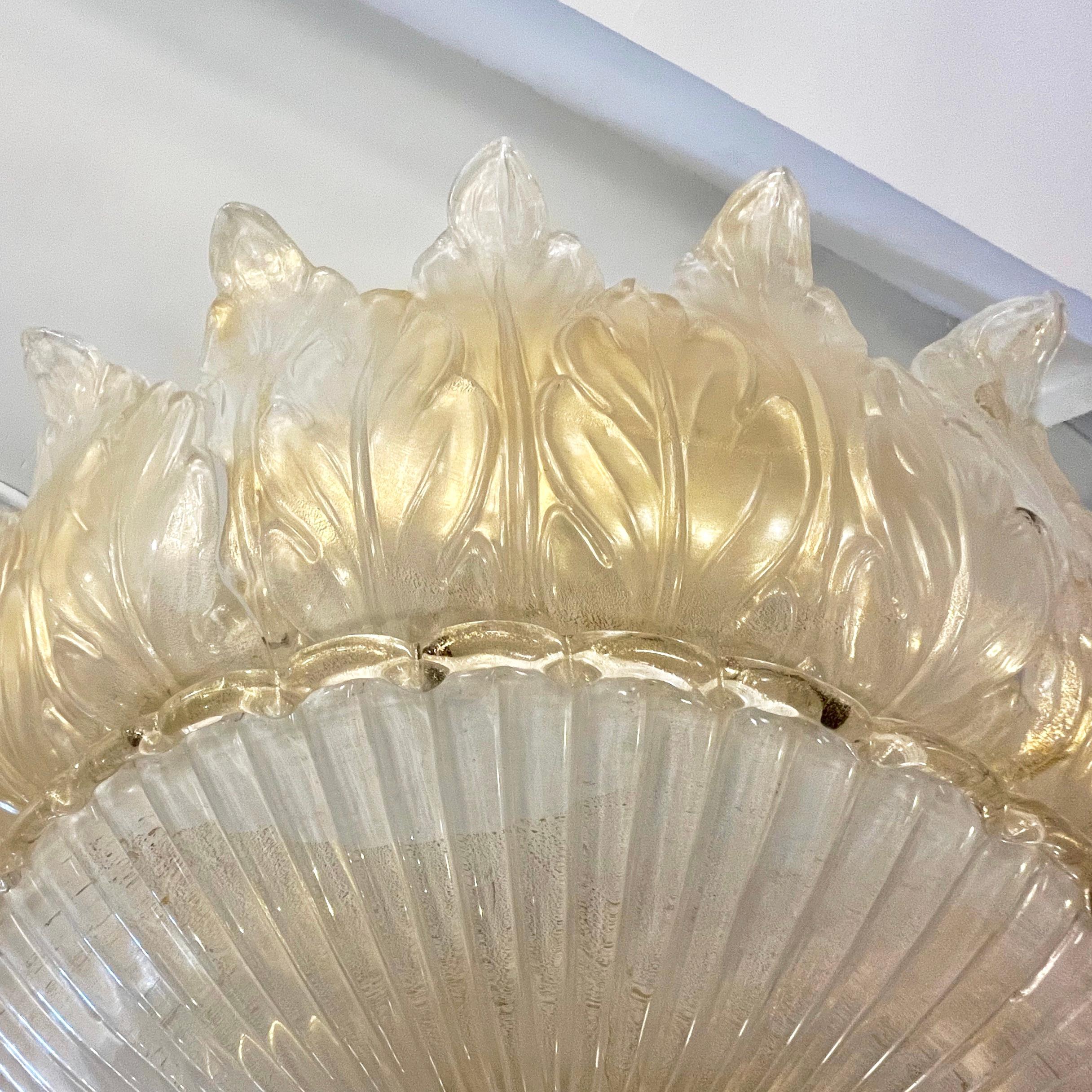 Brass Italian Leaf Decor Pearl White and Gold Murano Glass Flush Mount Chandelier 1980 For Sale