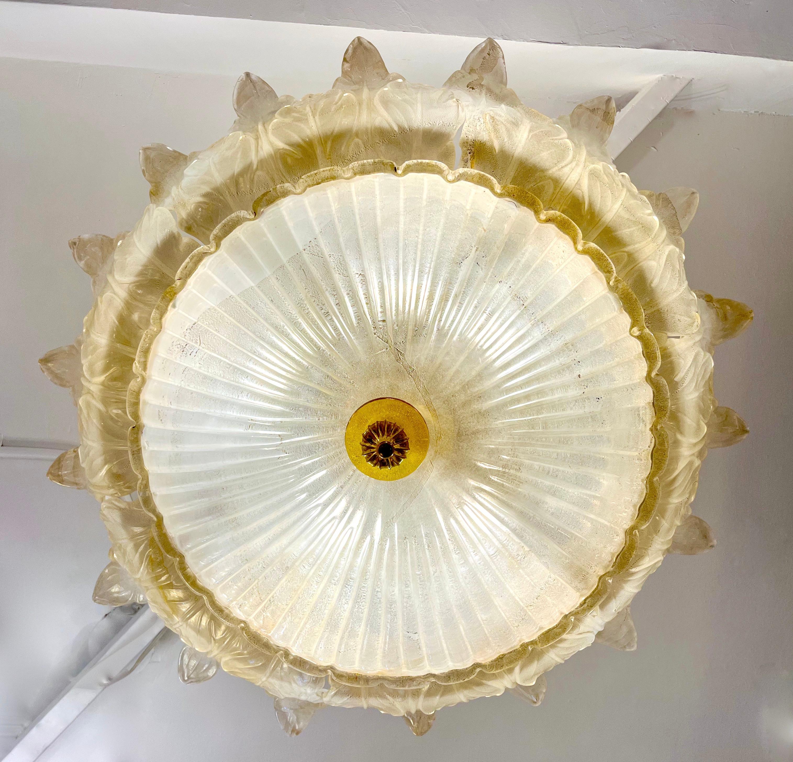 Late 20th Century Italian Leaf Decor Pearl White and Gold Murano Glass Flush Mount Chandelier 1980 For Sale
