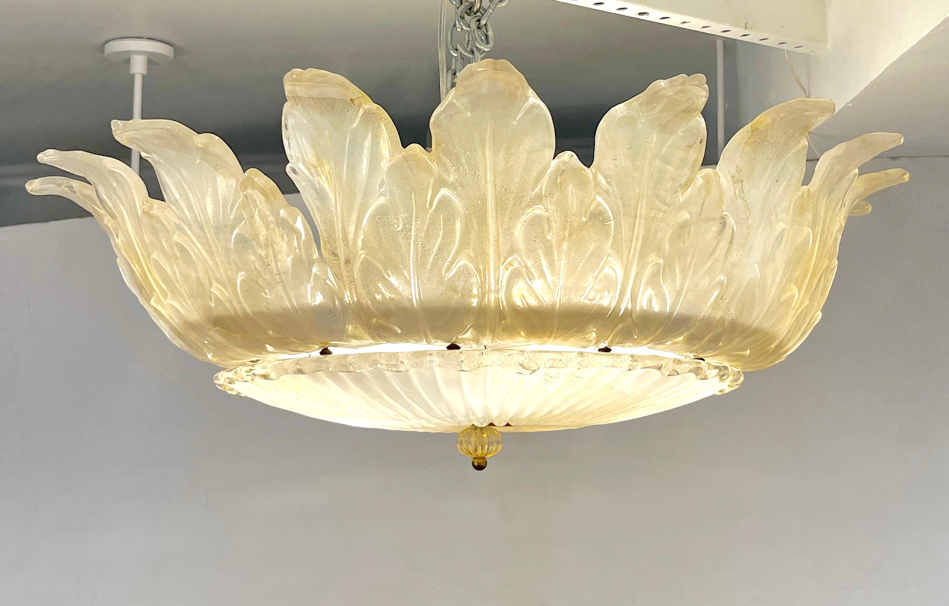 Italian Leaf Decor Pearl White and Gold Murano Glass Flush Mount Chandelier 1980 For Sale 7