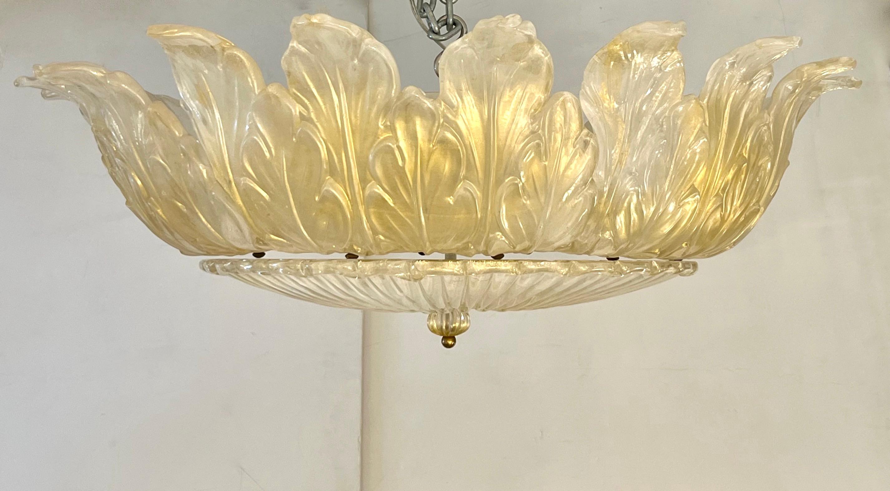 Italian Leaf Decor Pearl White and Gold Murano Glass Flush Mount Chandelier 1980 For Sale 4