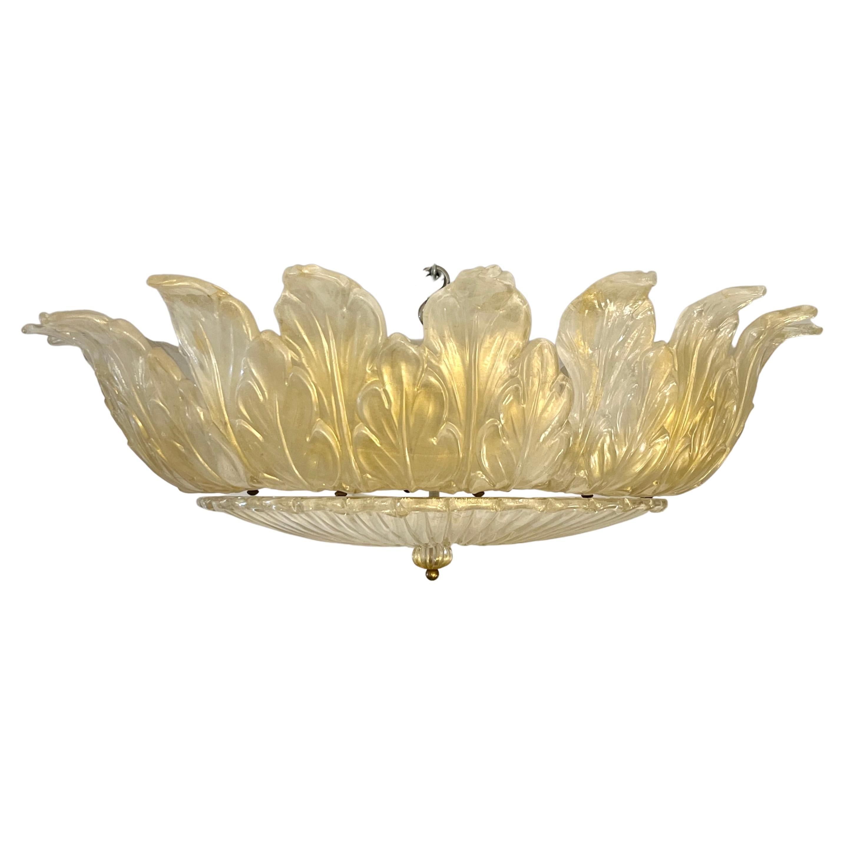 Italian Leaf Decor Pearl White and Gold Murano Glass Flush Mount Chandelier 1980 For Sale 2