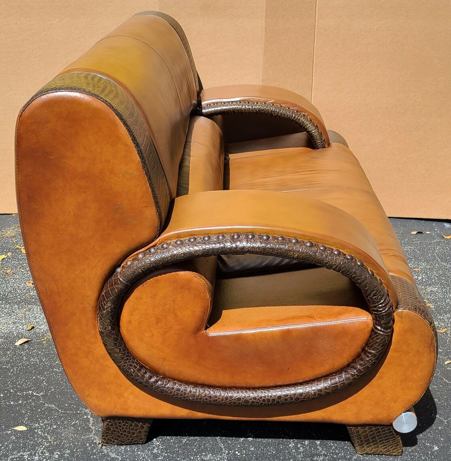 Mid-Century Modern Italian Leather & Alligator Skin Settee 1970s Custom Made For Sale