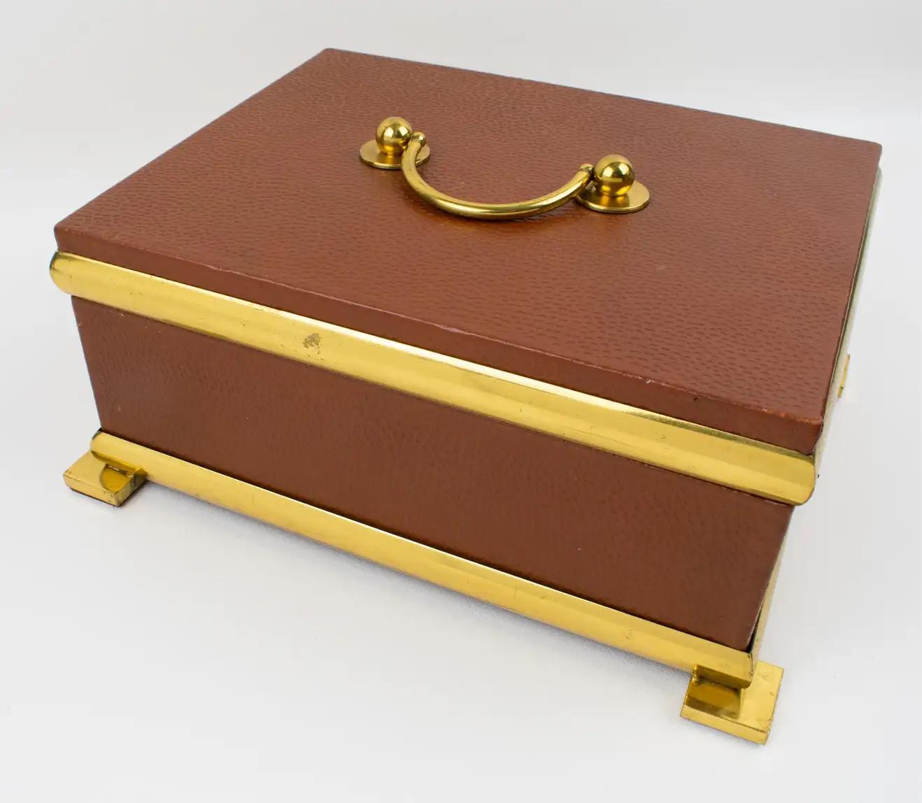 Italian Leather and Brass Decorative Box, 1950s Empire Style For Sale 5
