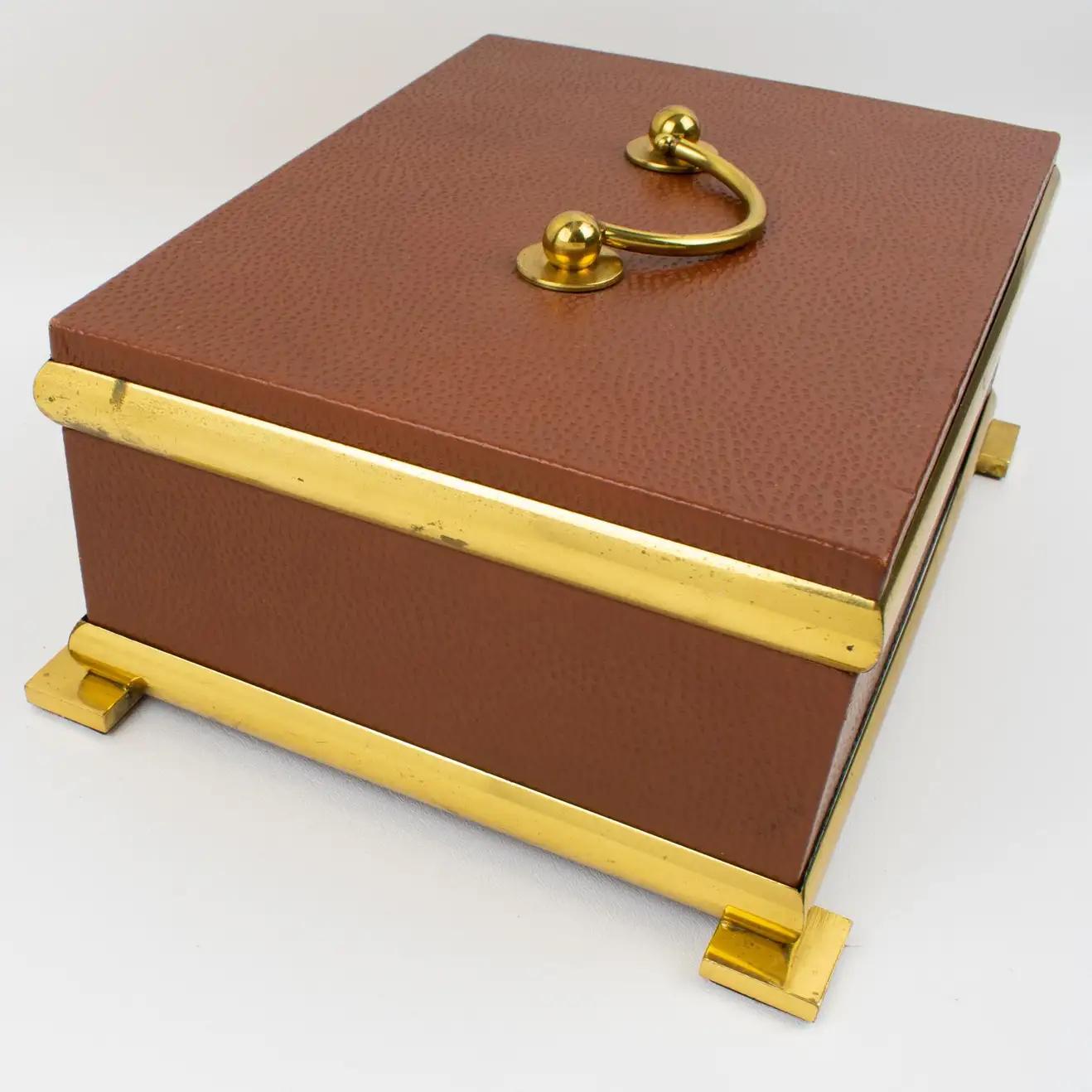 Italian Leather and Brass Decorative Box, 1950s Empire Style For Sale 7