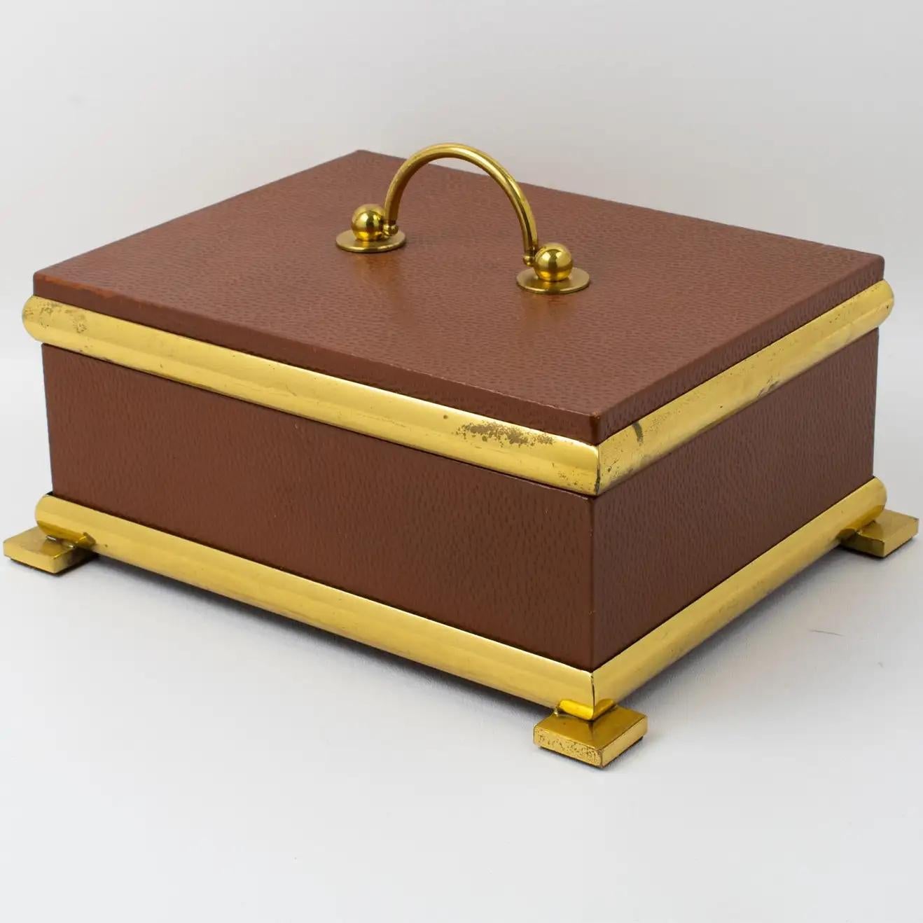 Italian Leather and Brass Decorative Box, 1950s Empire Style For Sale 8