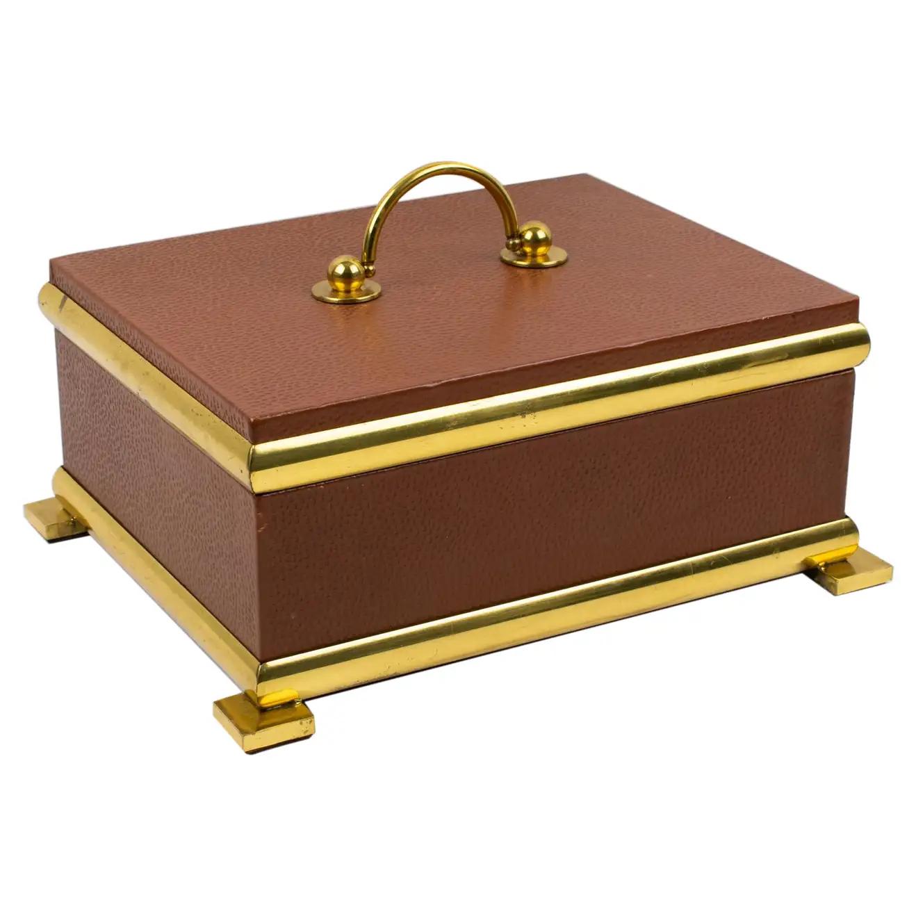Italian Leather and Brass Decorative Box, 1950s Empire Style For Sale 11