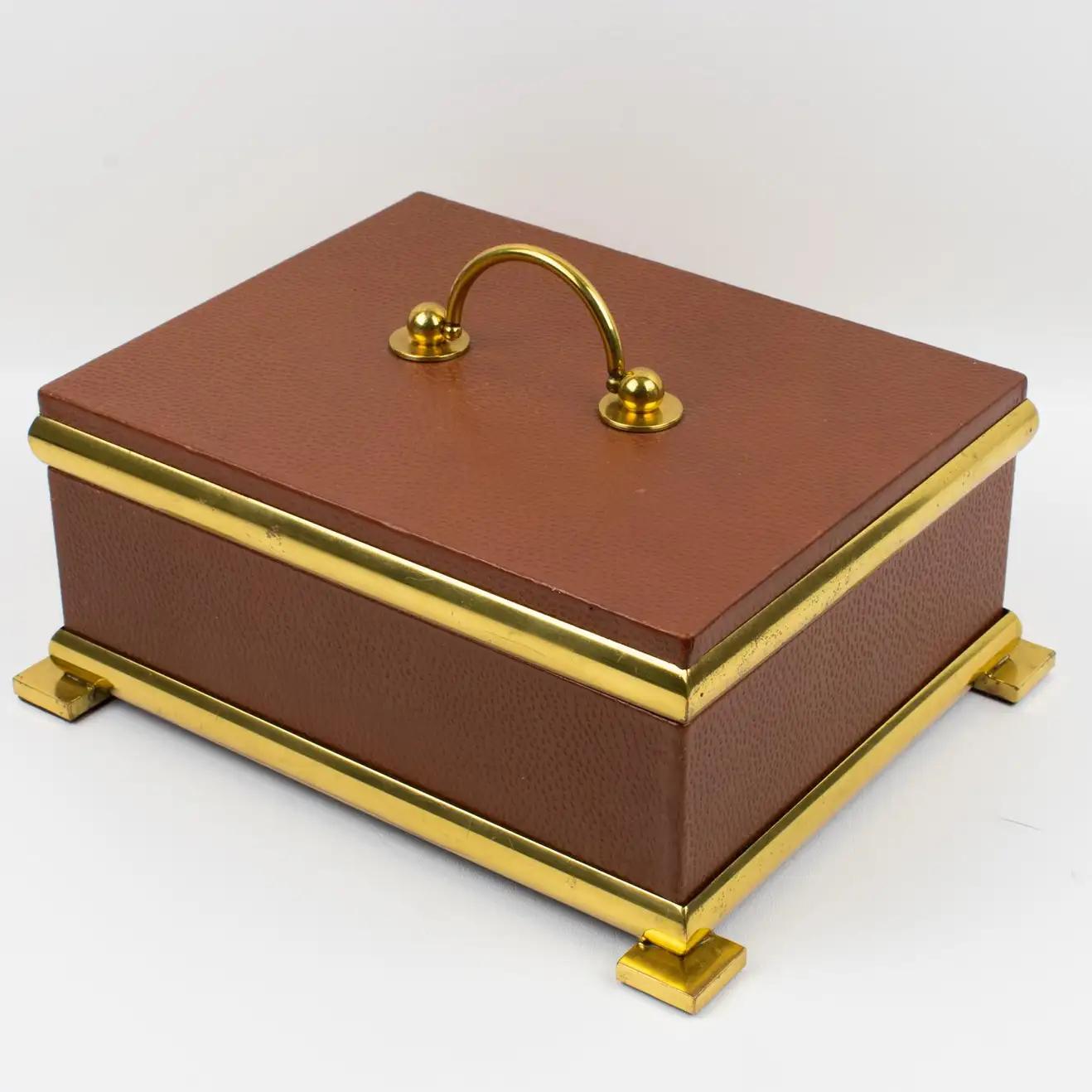 Empire Revival Italian Leather and Brass Decorative Box, 1950s Empire Style For Sale