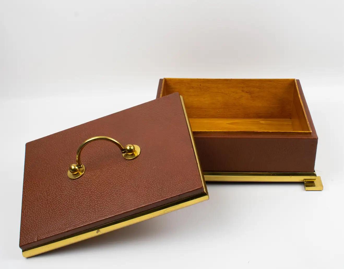Italian Leather and Brass Decorative Box, 1950s Empire Style In Good Condition For Sale In Atlanta, GA
