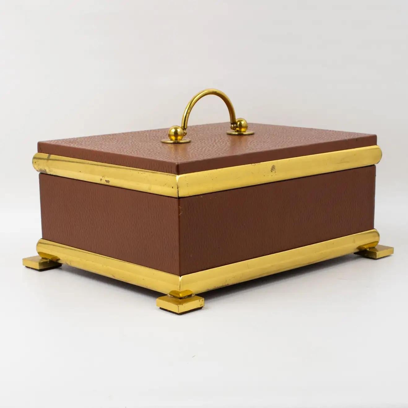 Italian Leather and Brass Decorative Box, 1950s Empire Style For Sale 1