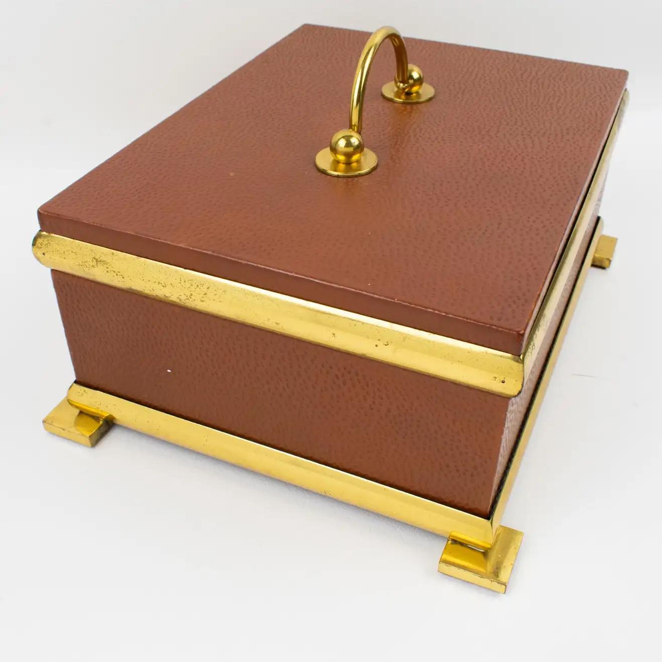 Italian Leather and Brass Decorative Box, 1950s Empire Style For Sale 4
