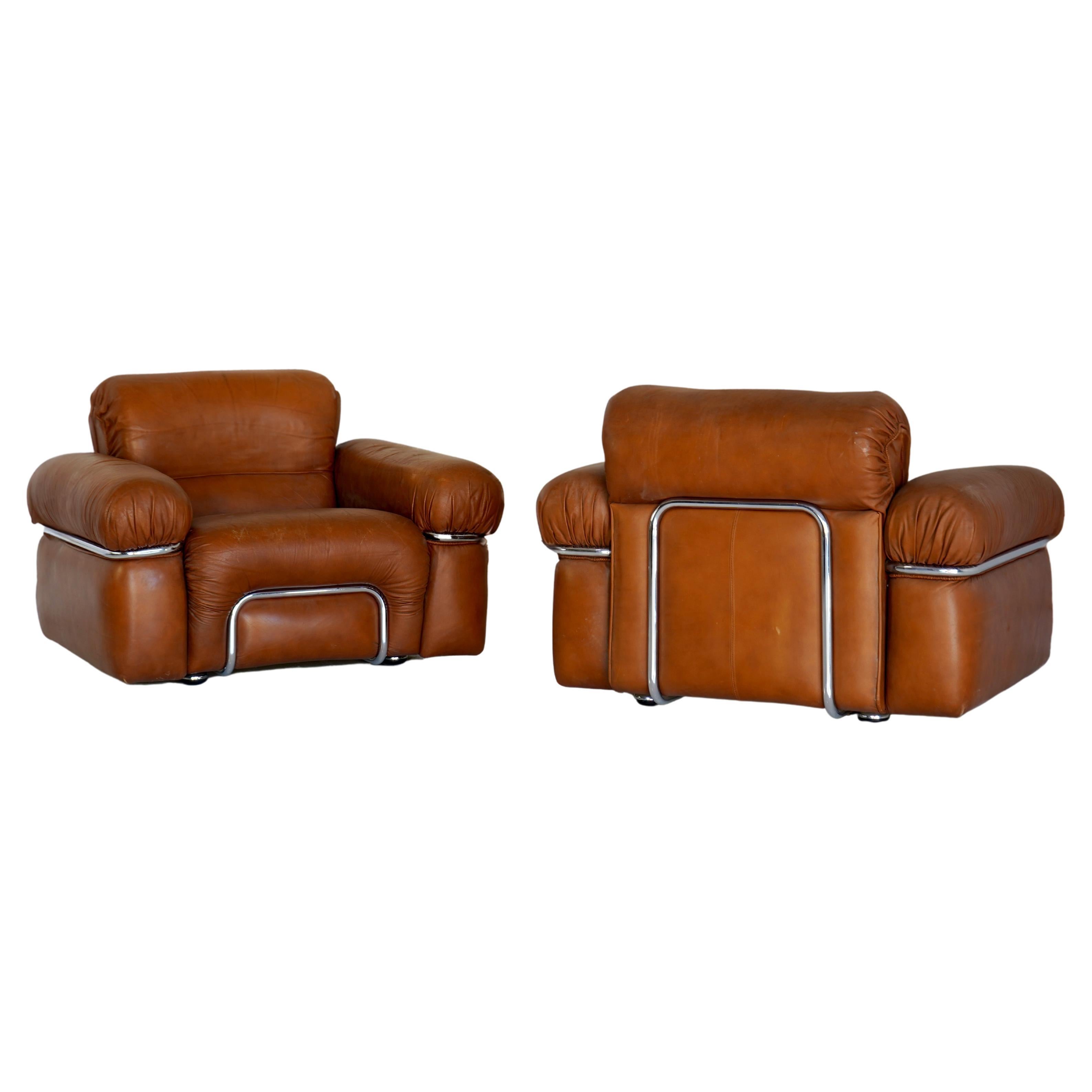 Italian Leather and Chrome Armchairs, Attributed to Adriano Piazzesi, Pair For Sale