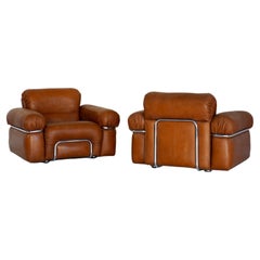 Retro Italian Leather and Chrome Armchairs, Attributed to Adriano Piazzesi, Pair