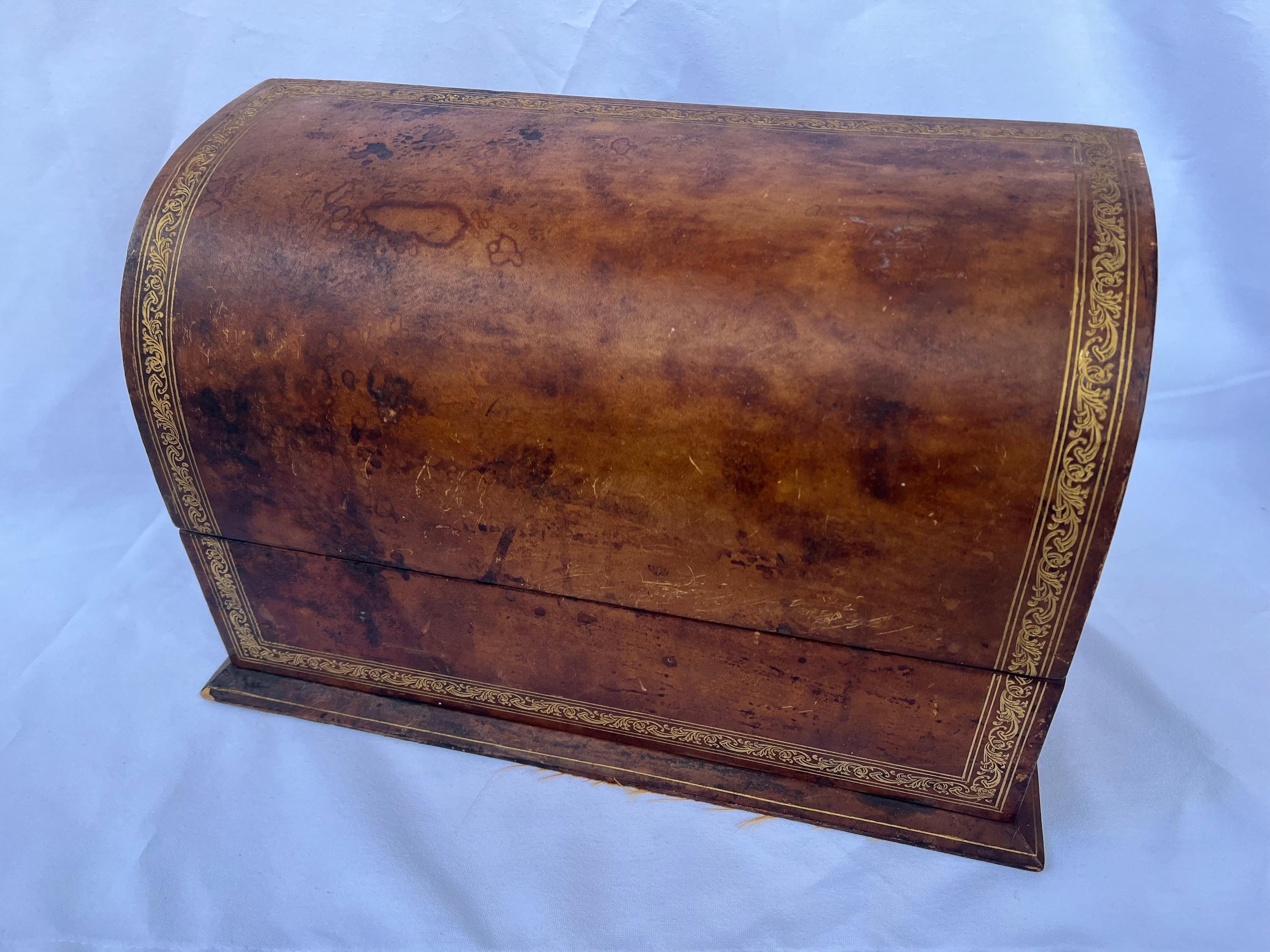 Mid-Century Modern Italian Leather and Gold Gilt Half Dome Lidded Love Letter Box Desk Accessory For Sale