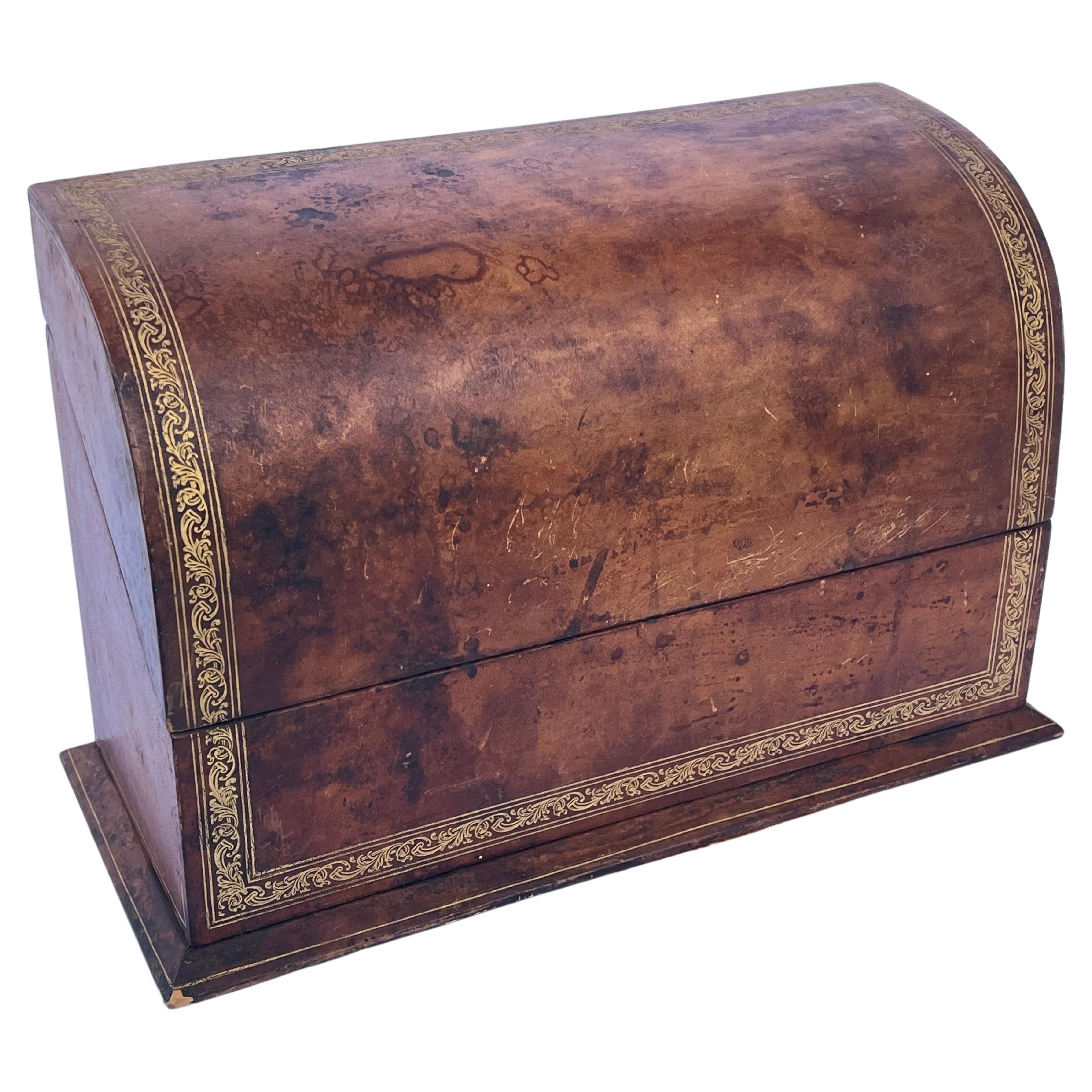 Italian Leather and Gold Gilt Half Dome Lidded Love Letter Box Desk Accessory For Sale