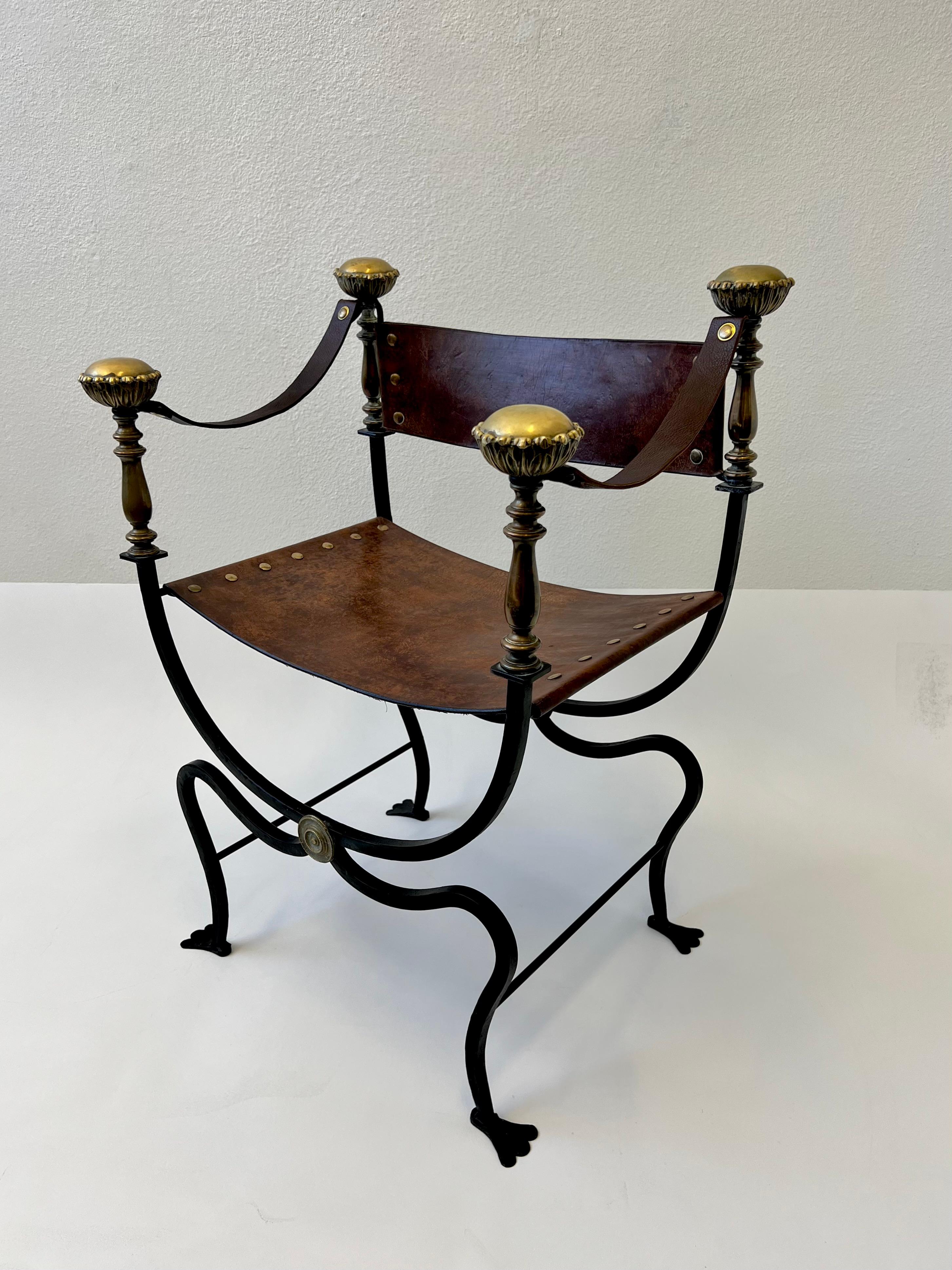 Italian Leather and Iron with Decorative Brass Campaign Chair  For Sale 6