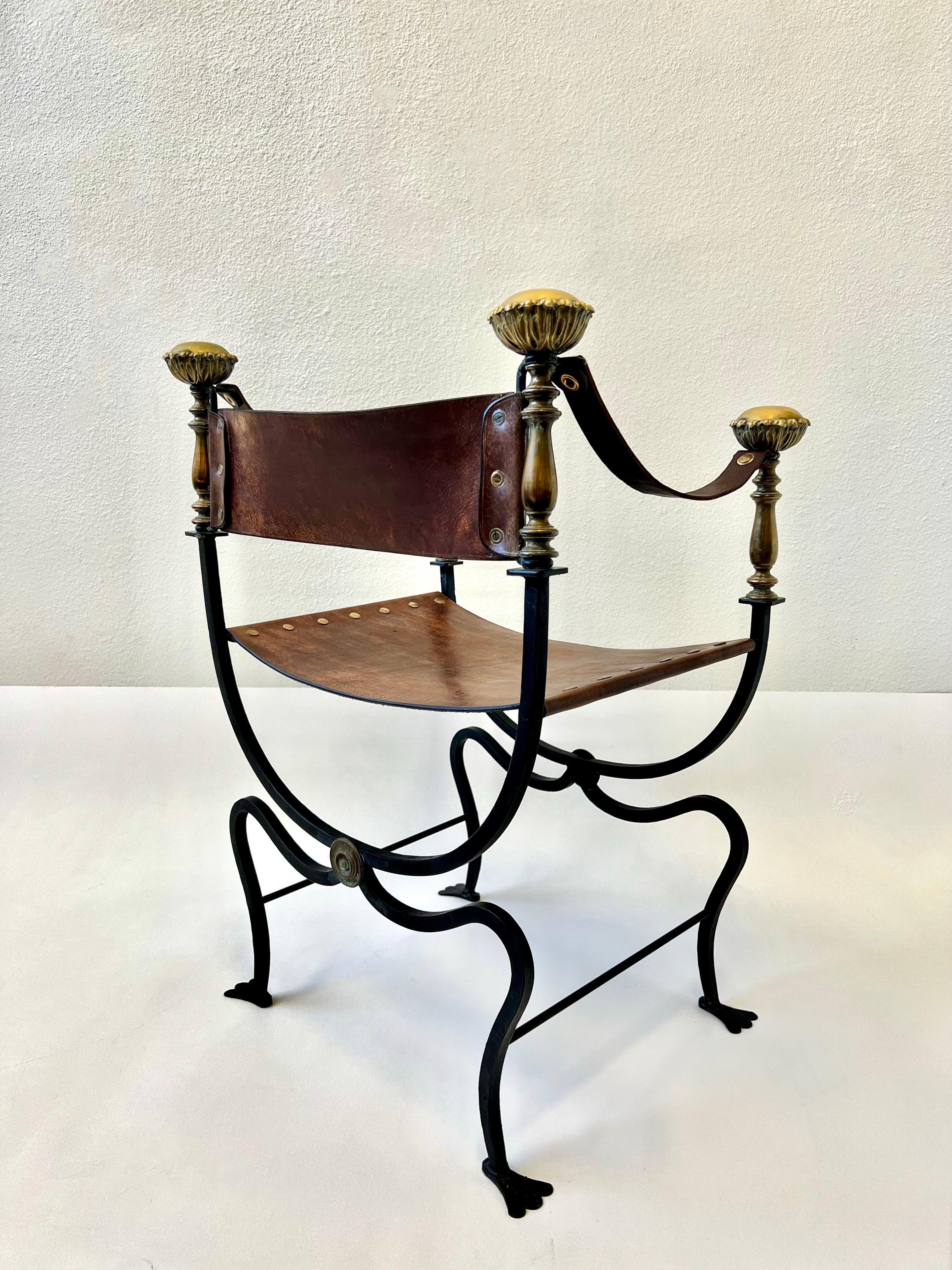 Hollywood Regency Italian Leather and Iron with Decorative Brass Campaign Chair  For Sale